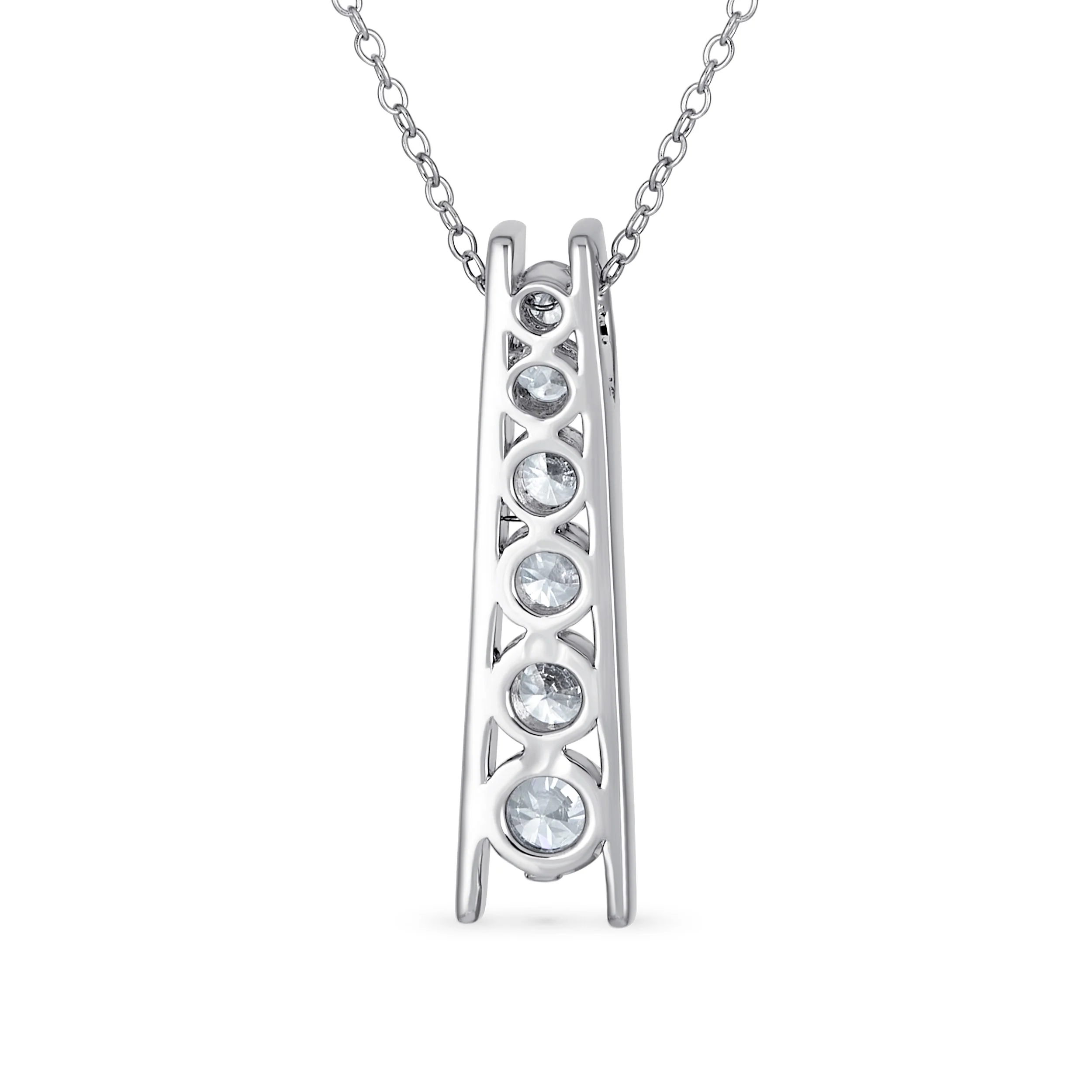 Solitaire CZ Round Graduated Pendant Necklace Sterling Silver Journey Bar Design - Image 2