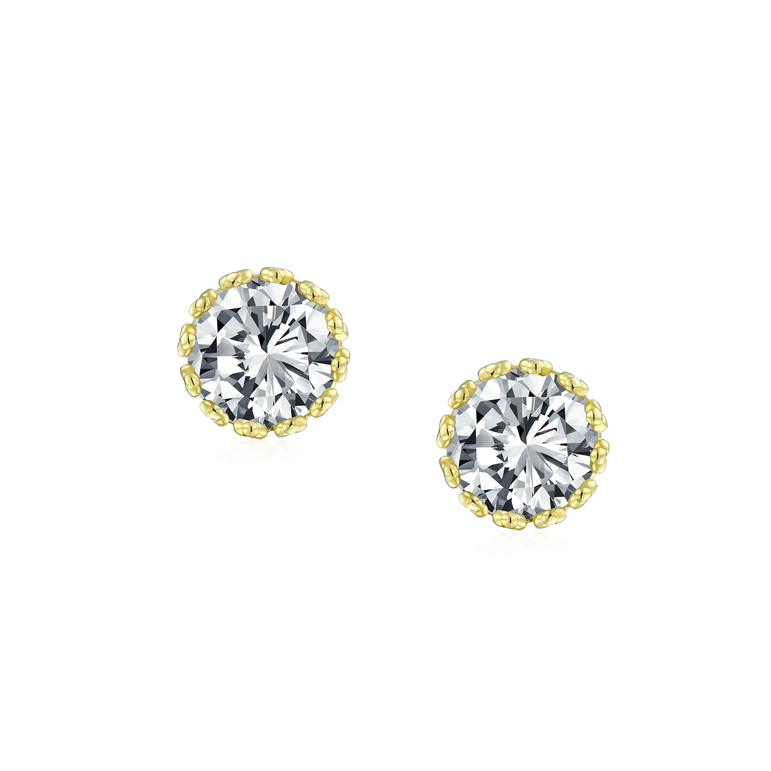 Set of 2 Crown Basket Clear CZ Stud Earrings Gold Plated Sterling Silver 6MM - Image 2