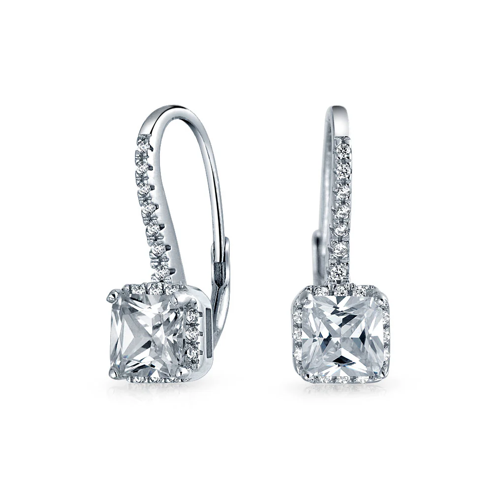 Solitaire Princess Square CZ Drop Earrings Sterling Silver