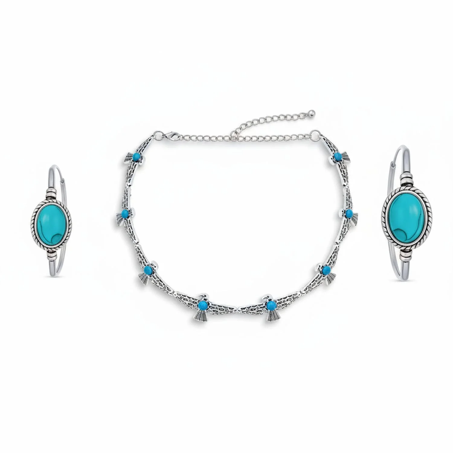 Choker Necklace and Compressed Turquoise Hoop Earrings Jewelry Set