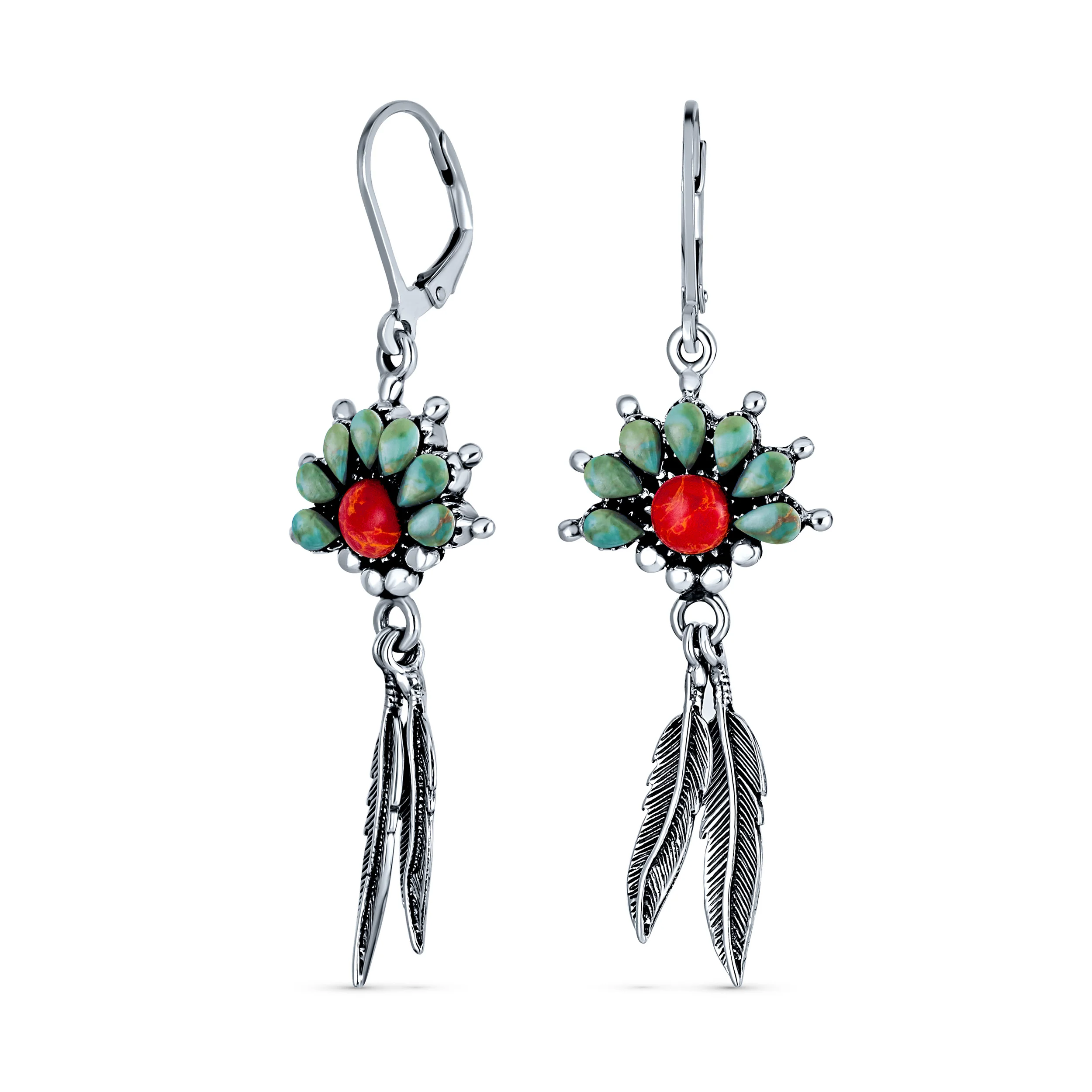 Western Style Squash Blossom Turquoise & Coral Feather Dangle Earrings .925 Sterling Silver