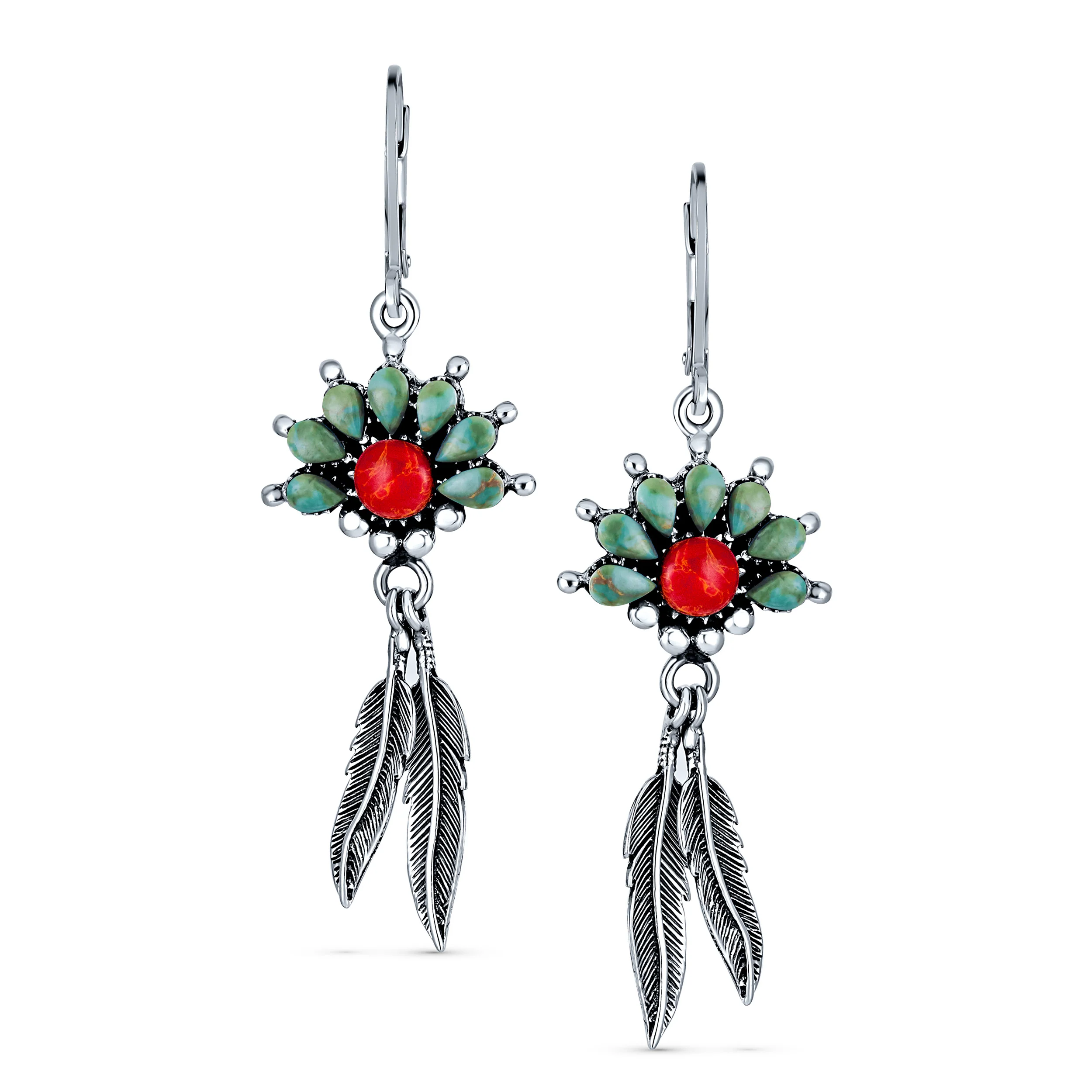 Western Style Squash Blossom Turquoise & Coral Feather Dangle Earrings .925 Sterling Silver - Image 2
