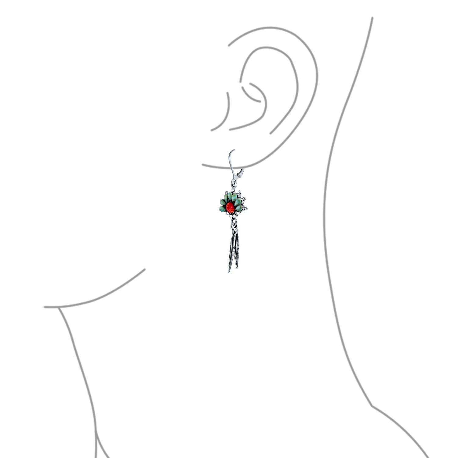 Western Style Squash Blossom Turquoise & Coral Feather Dangle Earrings .925 Sterling Silver - Image 3