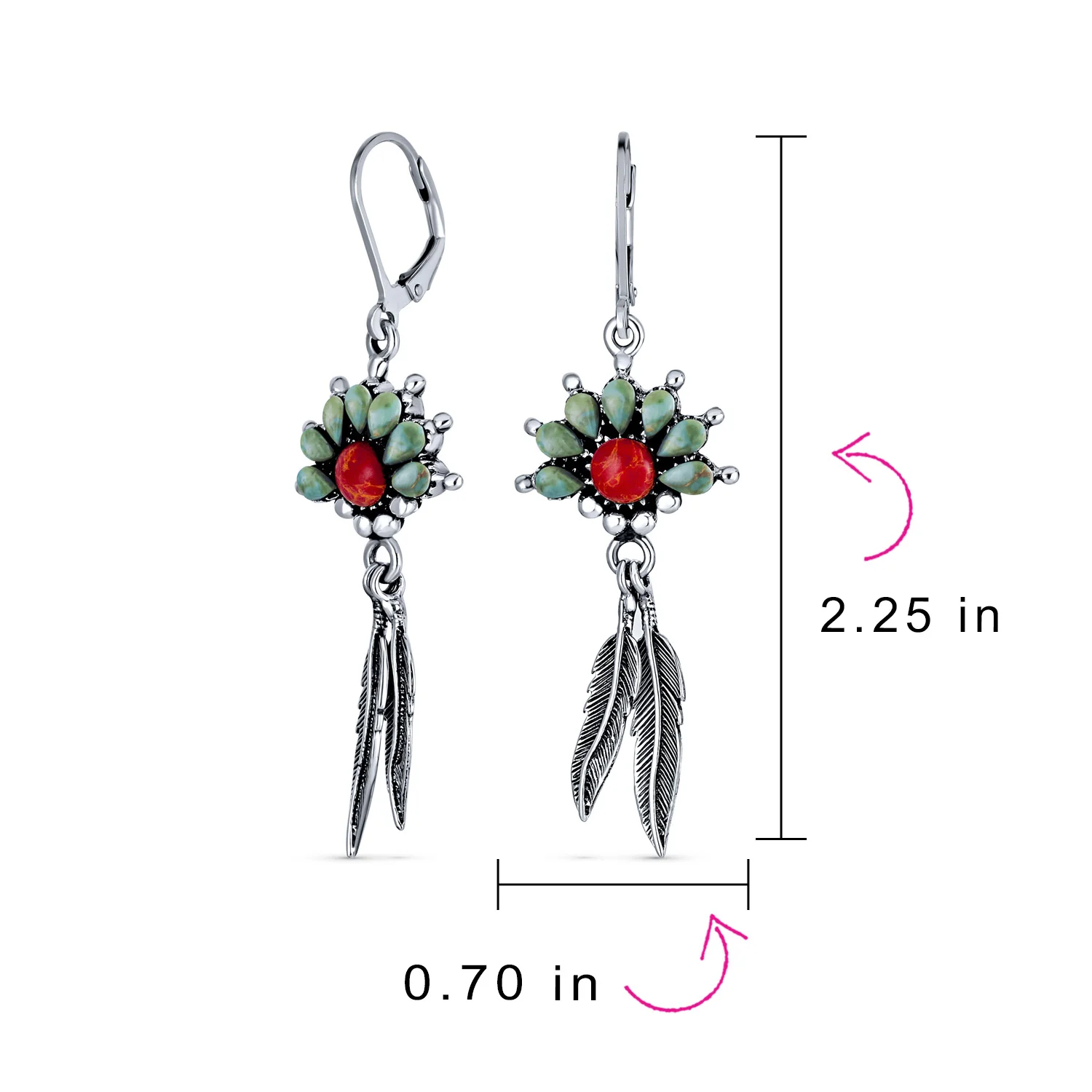 Western Style Squash Blossom Turquoise & Coral Feather Dangle Earrings .925 Sterling Silver - Image 4