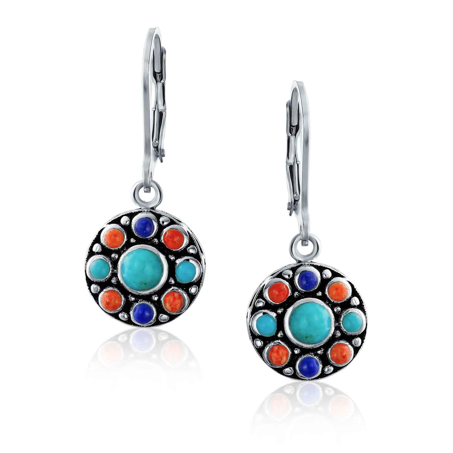 Native American Style Multi Color Round Lapis Turquoise Drop Earrings Silver - Image 2