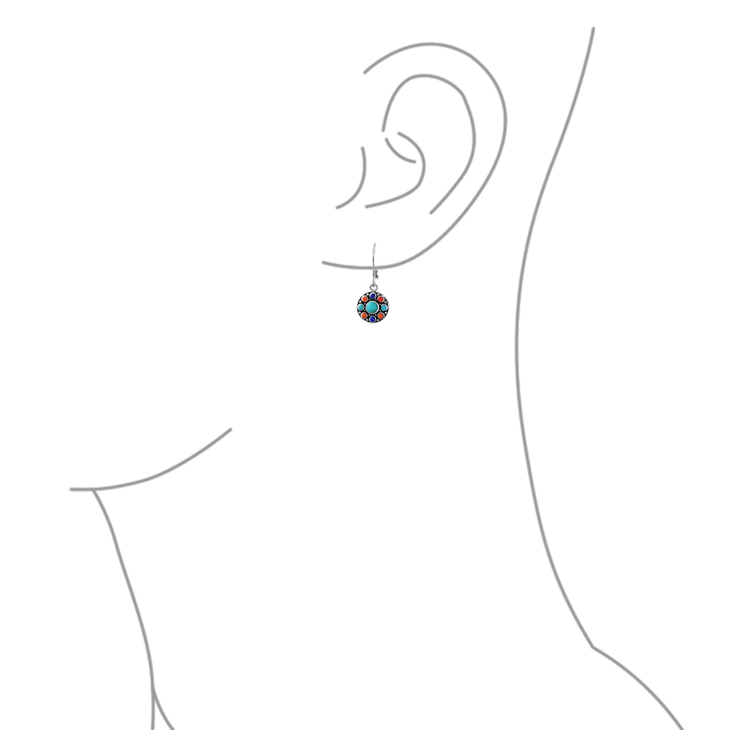 Native American Style Multi Color Round Lapis Turquoise Drop Earrings Silver - Image 3