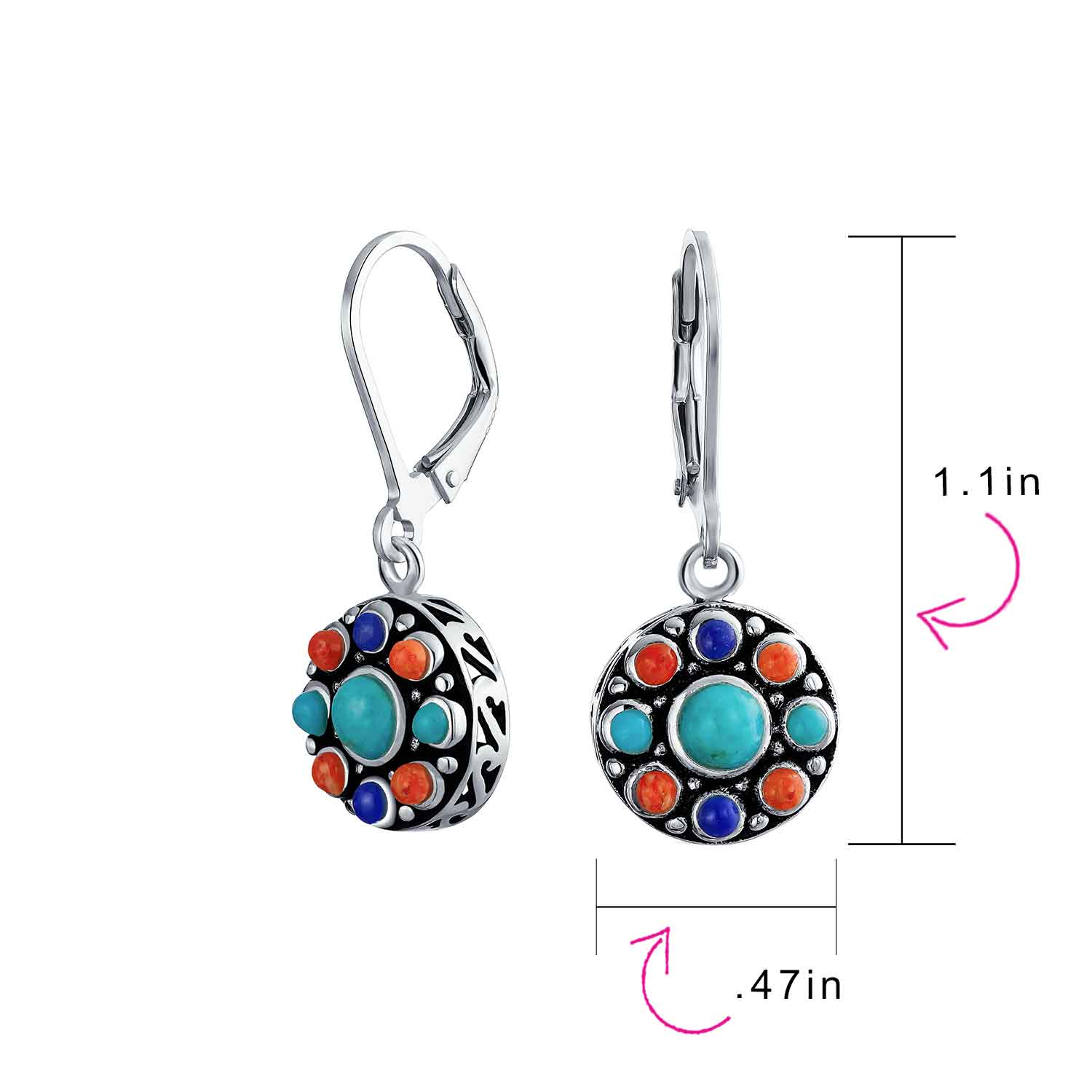 Native American Style Multi Color Round Lapis Turquoise Drop Earrings Silver - Image 4