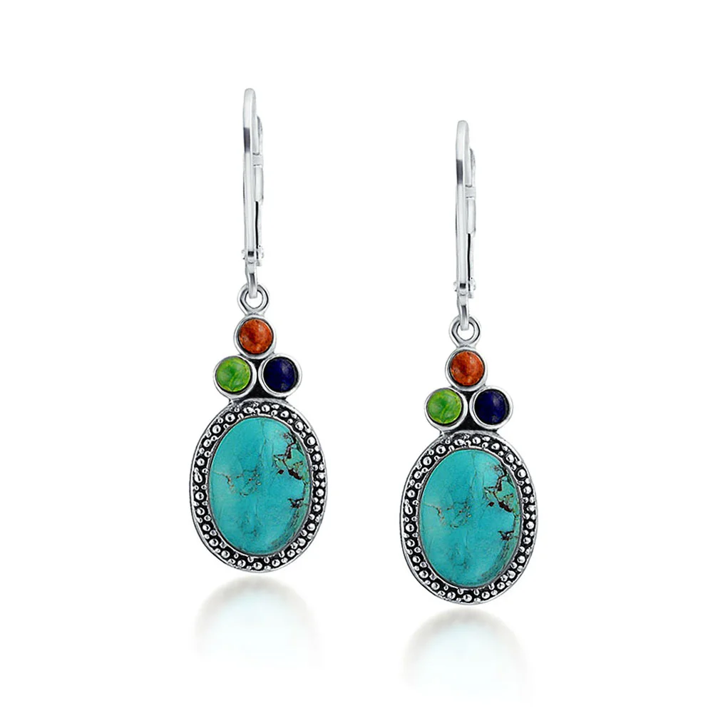 Western Style Multicolor Lapis Turquoise Coral Dangle Earrings .925 Sterling Silver Lever Back - Image 2