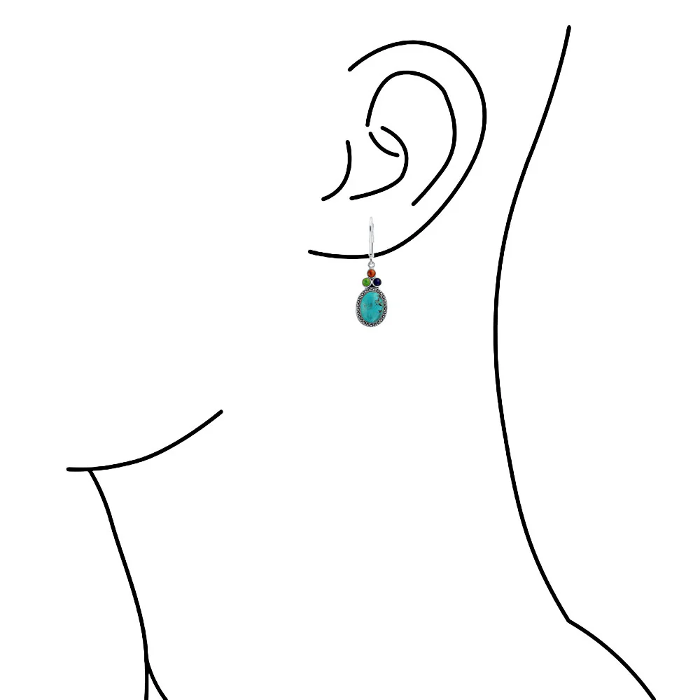 Western Style Multicolor Lapis Turquoise Coral Dangle Earrings .925 Sterling Silver Lever Back - Image 3