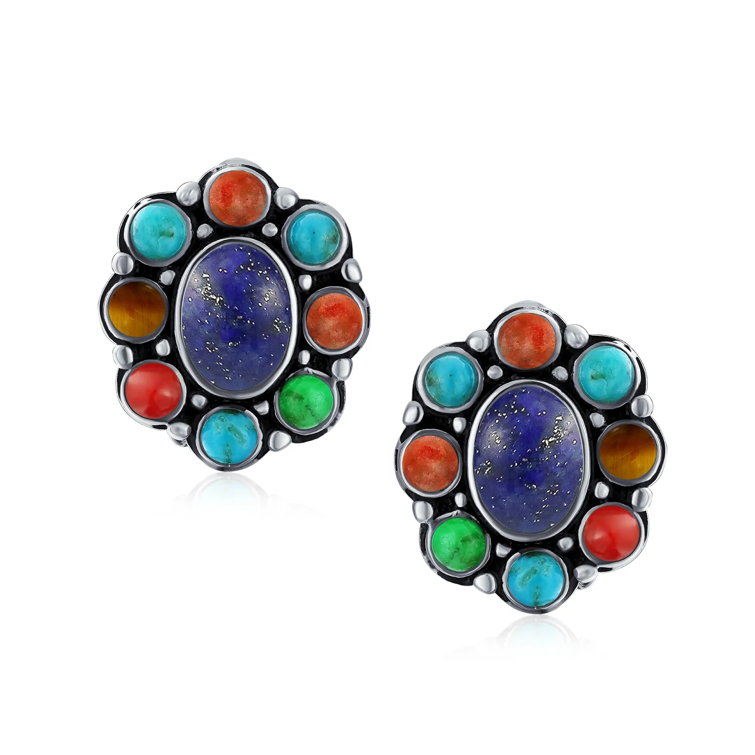 Southwestern Cabochon Gemstones Clip On Earrings For Non Pierced Ears Silver - Image 3