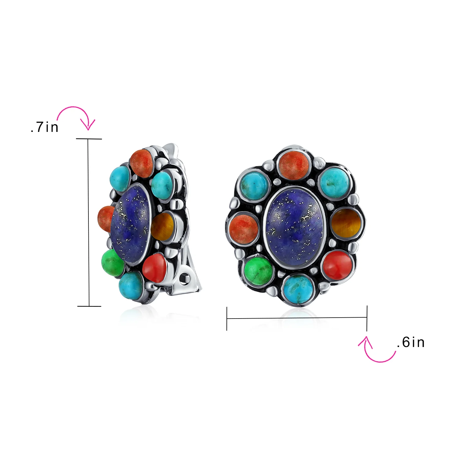 Southwestern Cabochon Gemstones Clip On Earrings For Non Pierced Ears Silver - Image 9