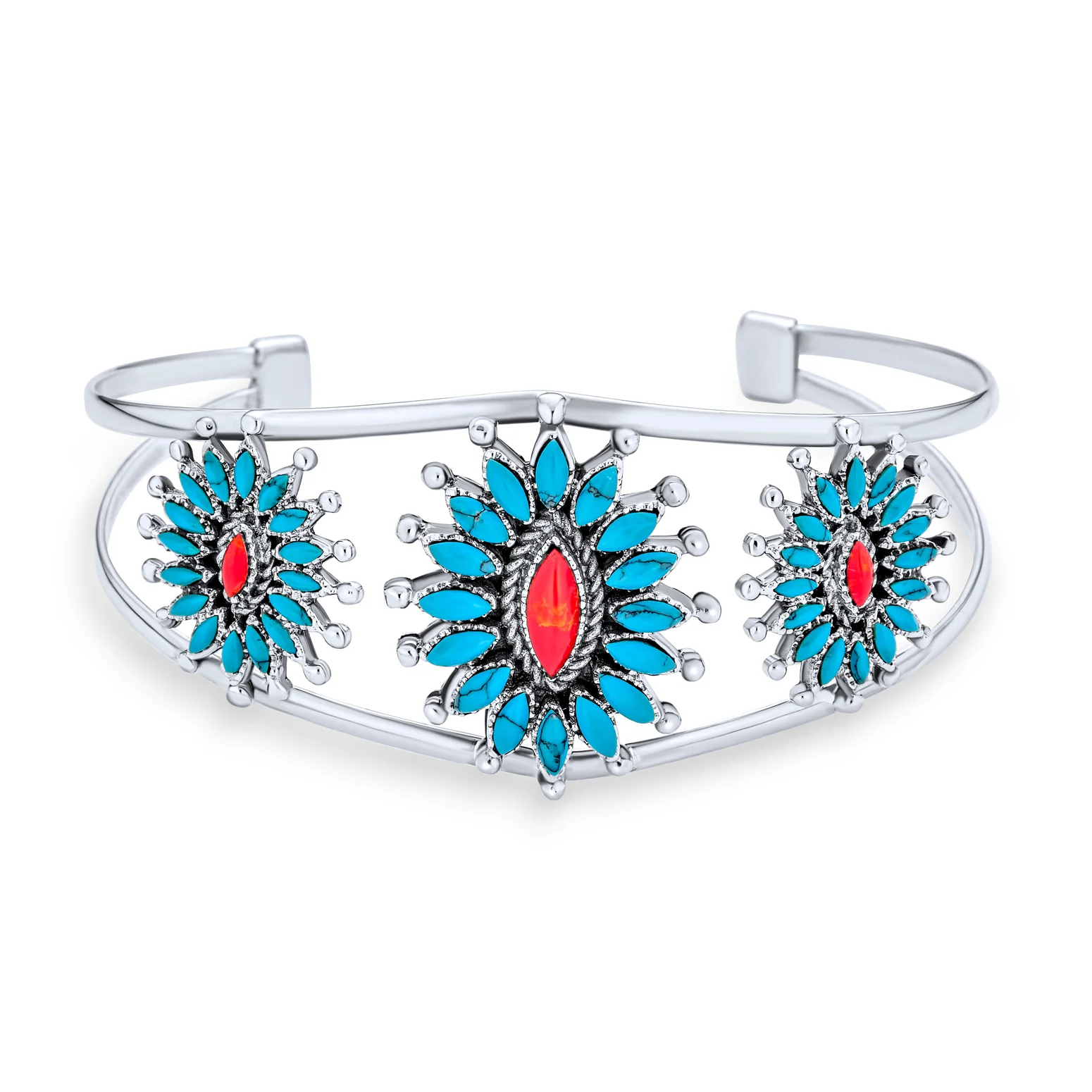 Native American Style Red Blue Turquoise Flower Blossom Statement Cuff Bracelet .925 Sterling Silver