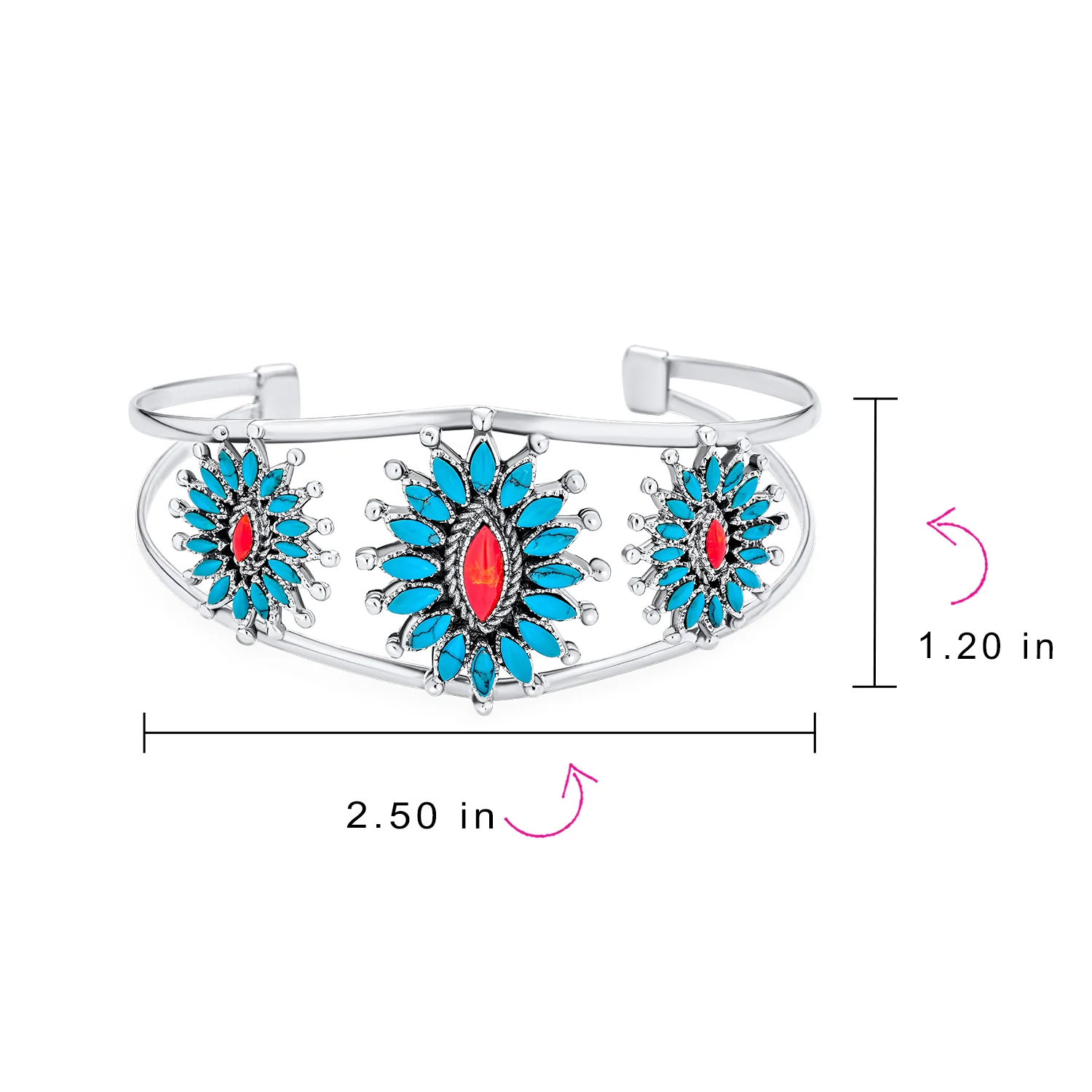 Native American Style Red Blue Turquoise Flower Blossom Statement Cuff Bracelet .925 Sterling Silver - Image 5