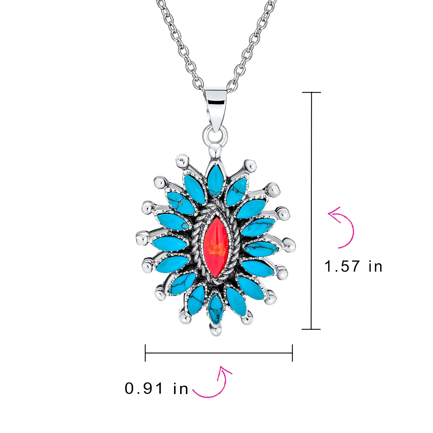 Southwestern Style Orange Blue Natural Turquoise Flower Blossom Necklace Pendant .925 Sterling Silver - Image 4