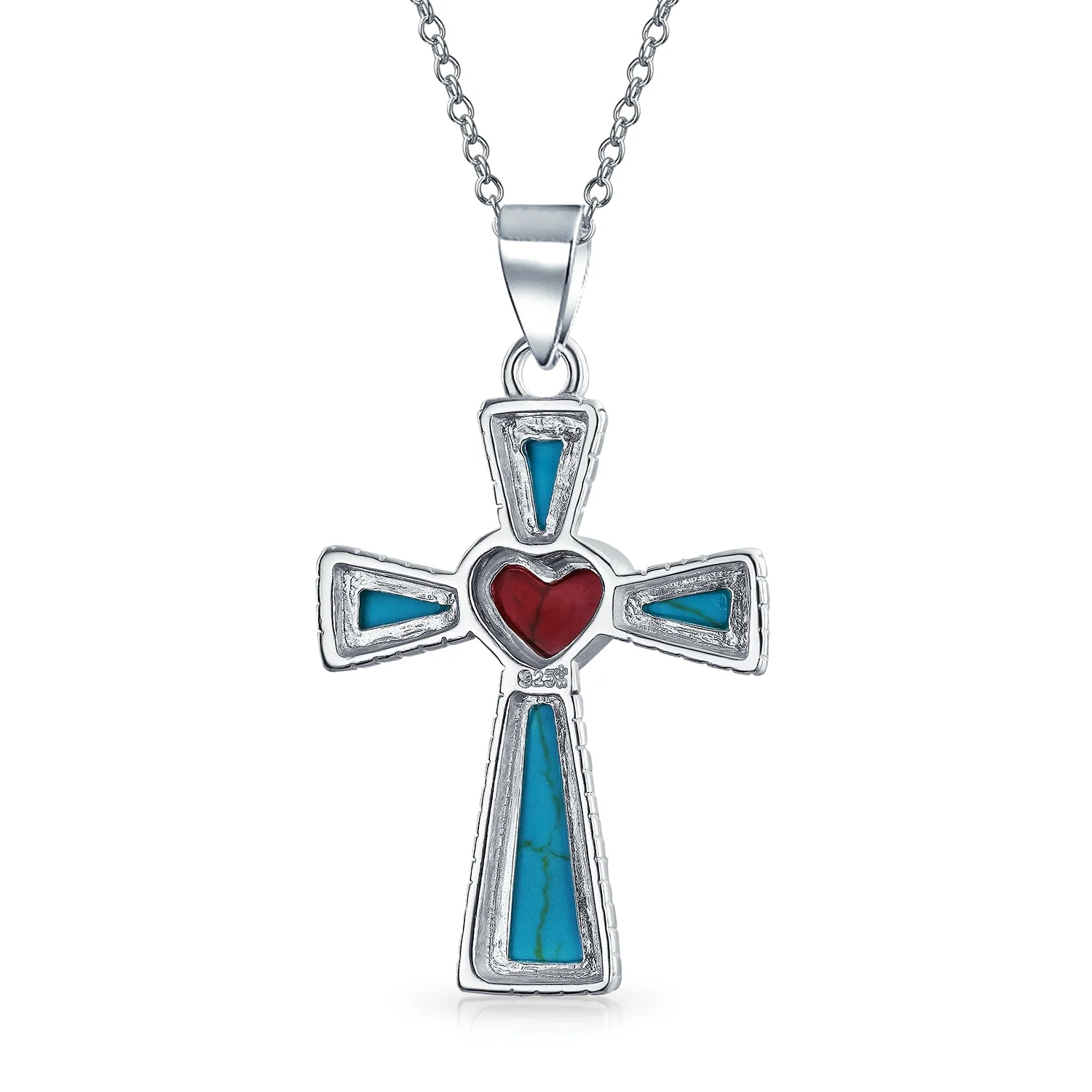 Blue Turquoise & Red Heart Religious Cross Necklace Pendant .925 Sterling Silver - Image 3