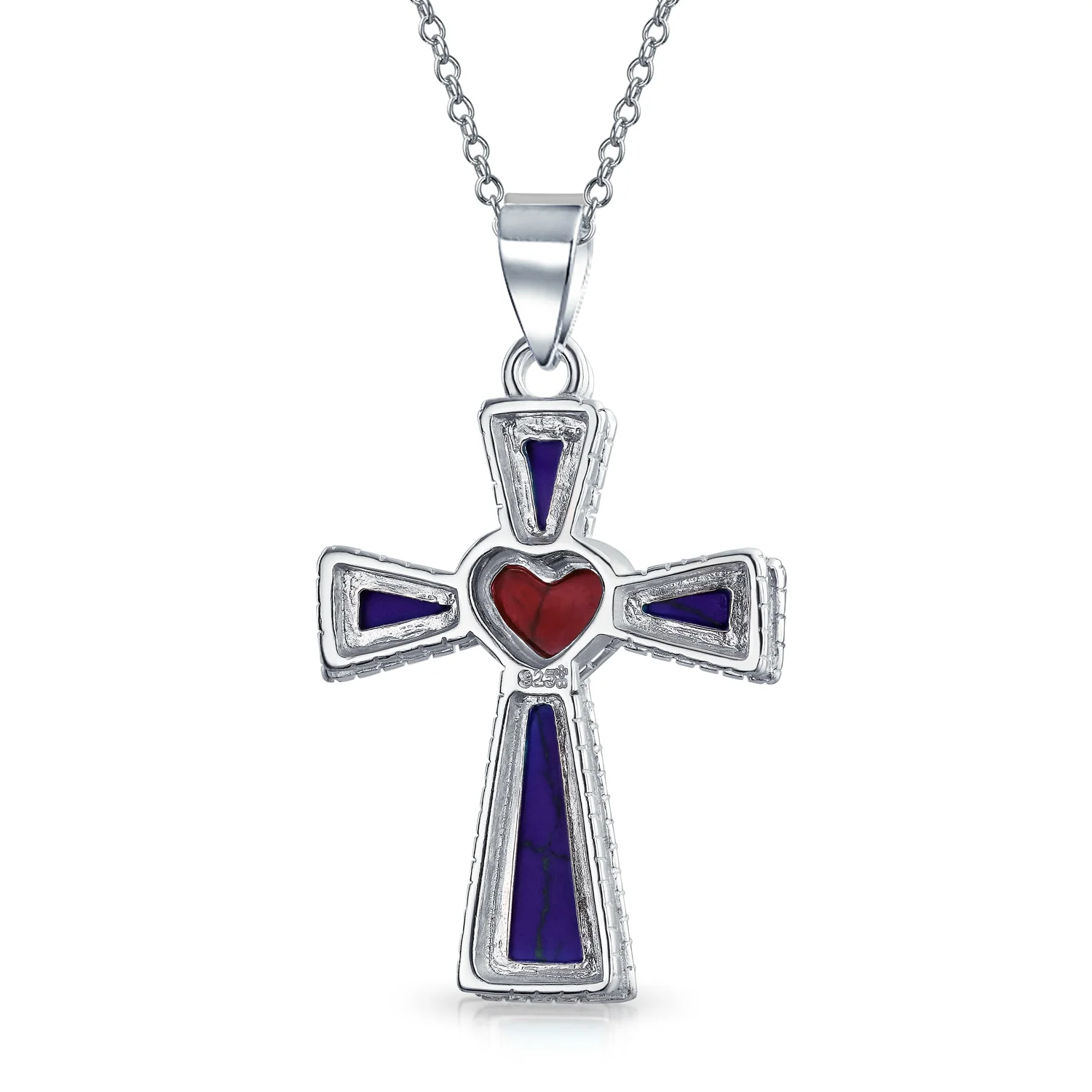 Blue Turquoise & Red Heart Religious Cross Necklace Pendant .925 Sterling Silver - Image 4