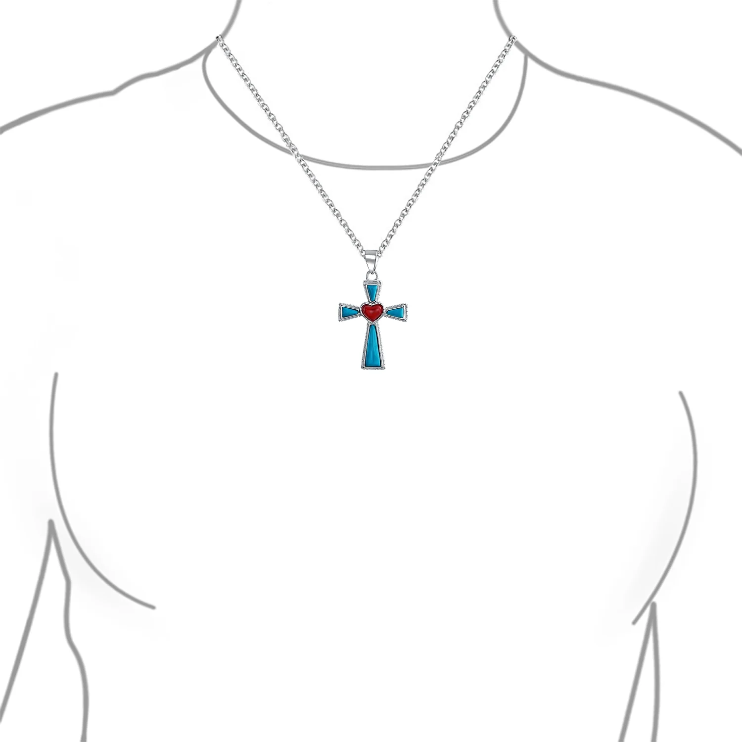 Blue Turquoise & Red Heart Religious Cross Necklace Pendant .925 Sterling Silver - Image 5