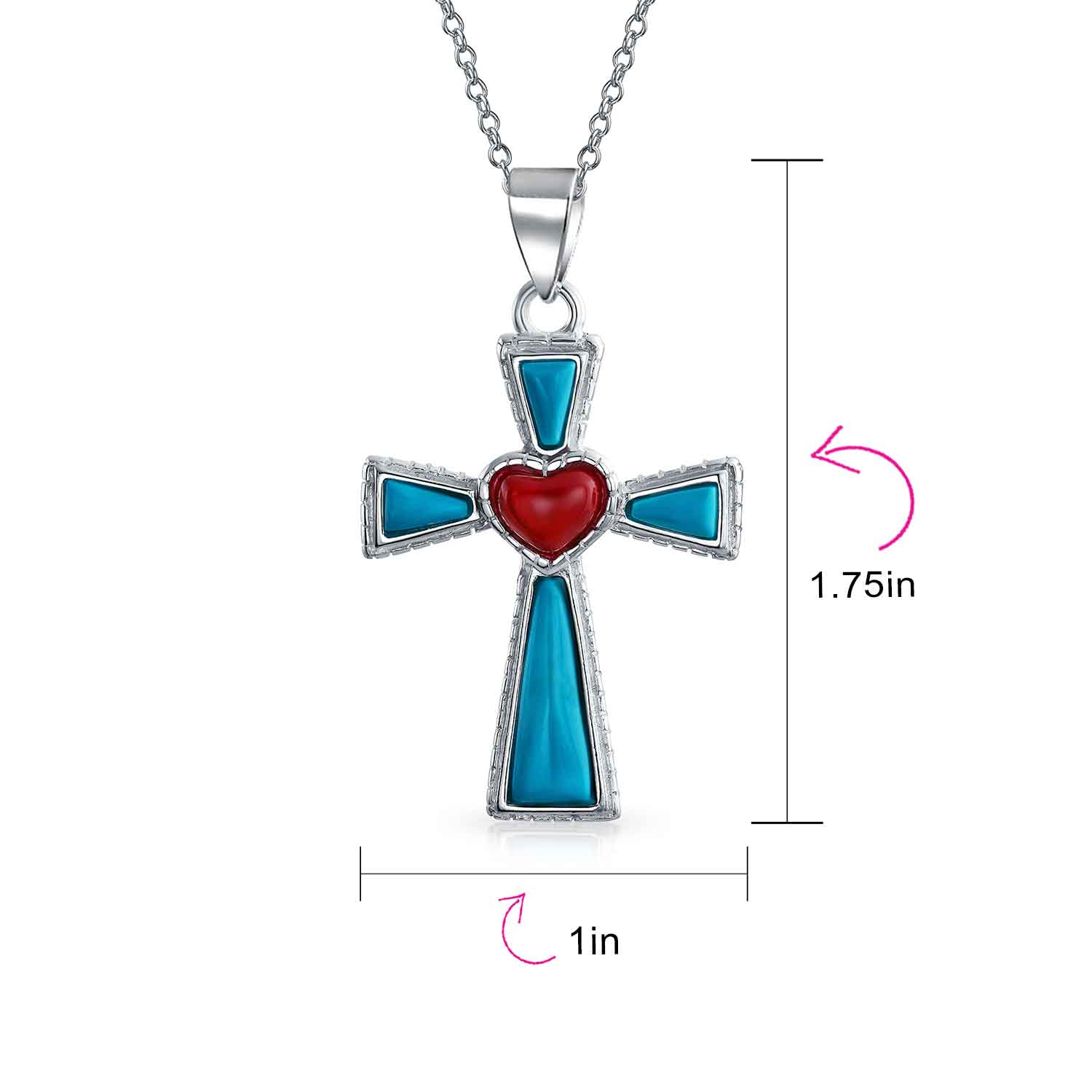 Blue Turquoise & Red Heart Religious Cross Necklace Pendant .925 Sterling Silver - Image 7