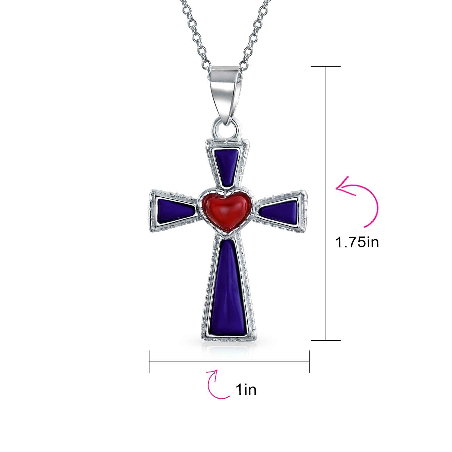 Blue Turquoise & Red Heart Religious Cross Necklace Pendant .925 Sterling Silver - Image 8