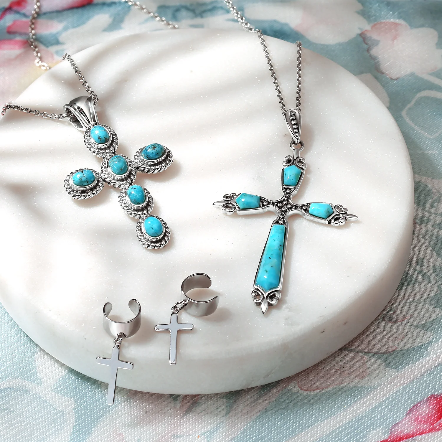 Southwestern Turquoise Cross Pendant Necklace in Sterling Silver Multiple Colors - Image 17