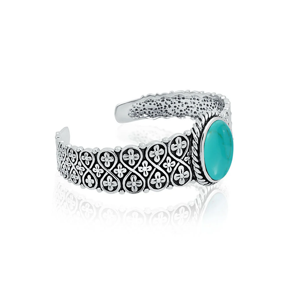 Oval Cabochon Turquoise Stone Statement Cuff Cross & Infinity Design Bracelet .925 Sterling Silver - Image 3