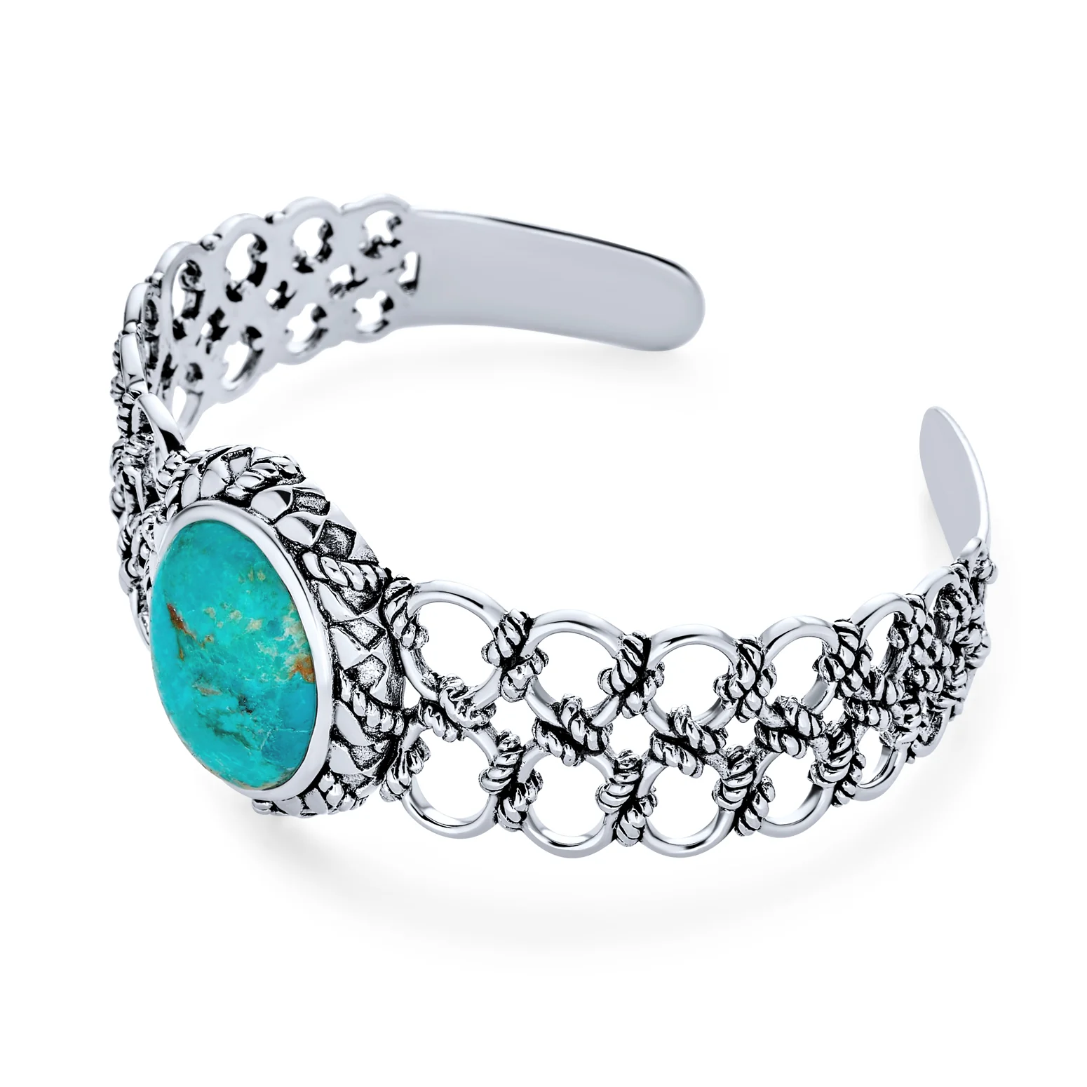 Western Style Oval Turquoise Cabochon Rope Lattice Wide Cuff Bracelet .925 Sterling Silver - Image 2
