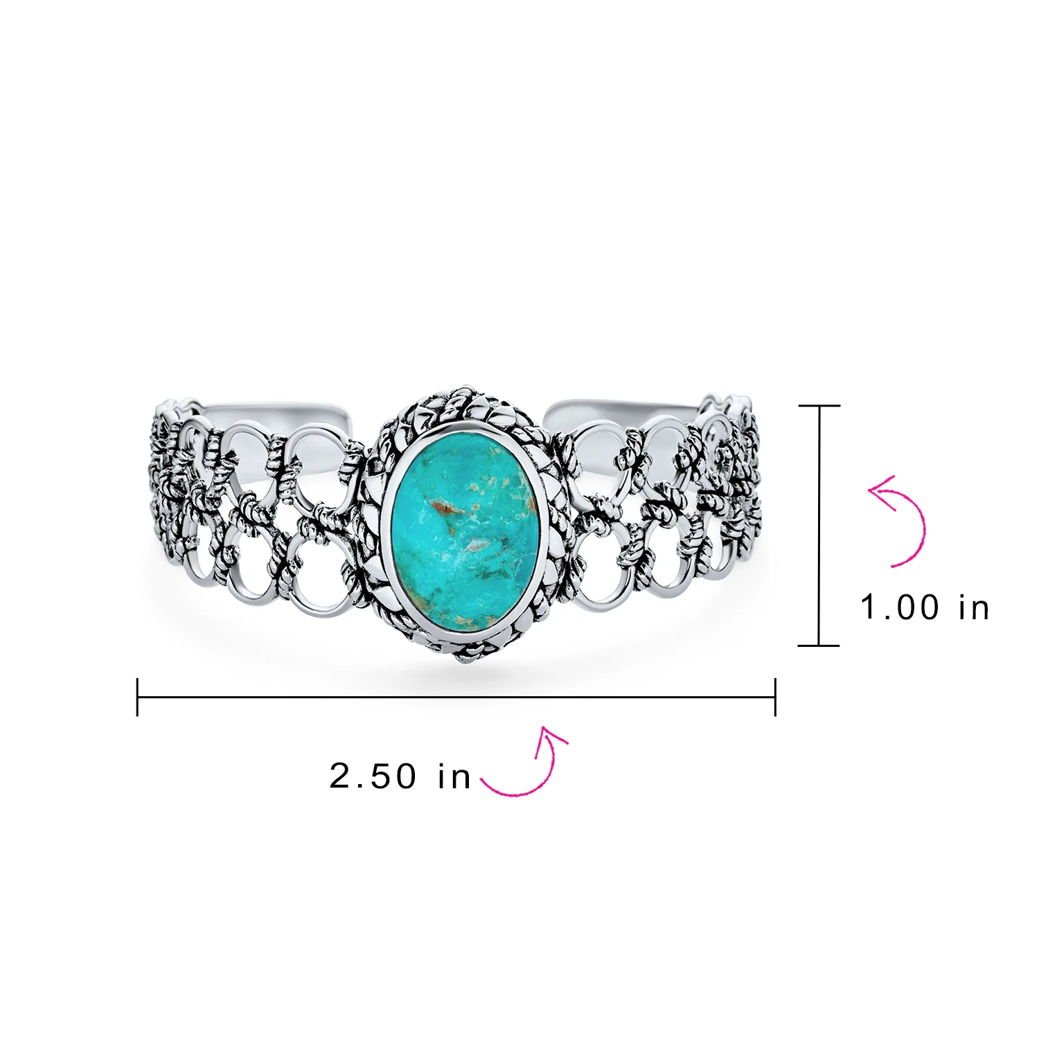 Western Style Oval Turquoise Cabochon Rope Lattice Wide Cuff Bracelet .925 Sterling Silver - Image 4