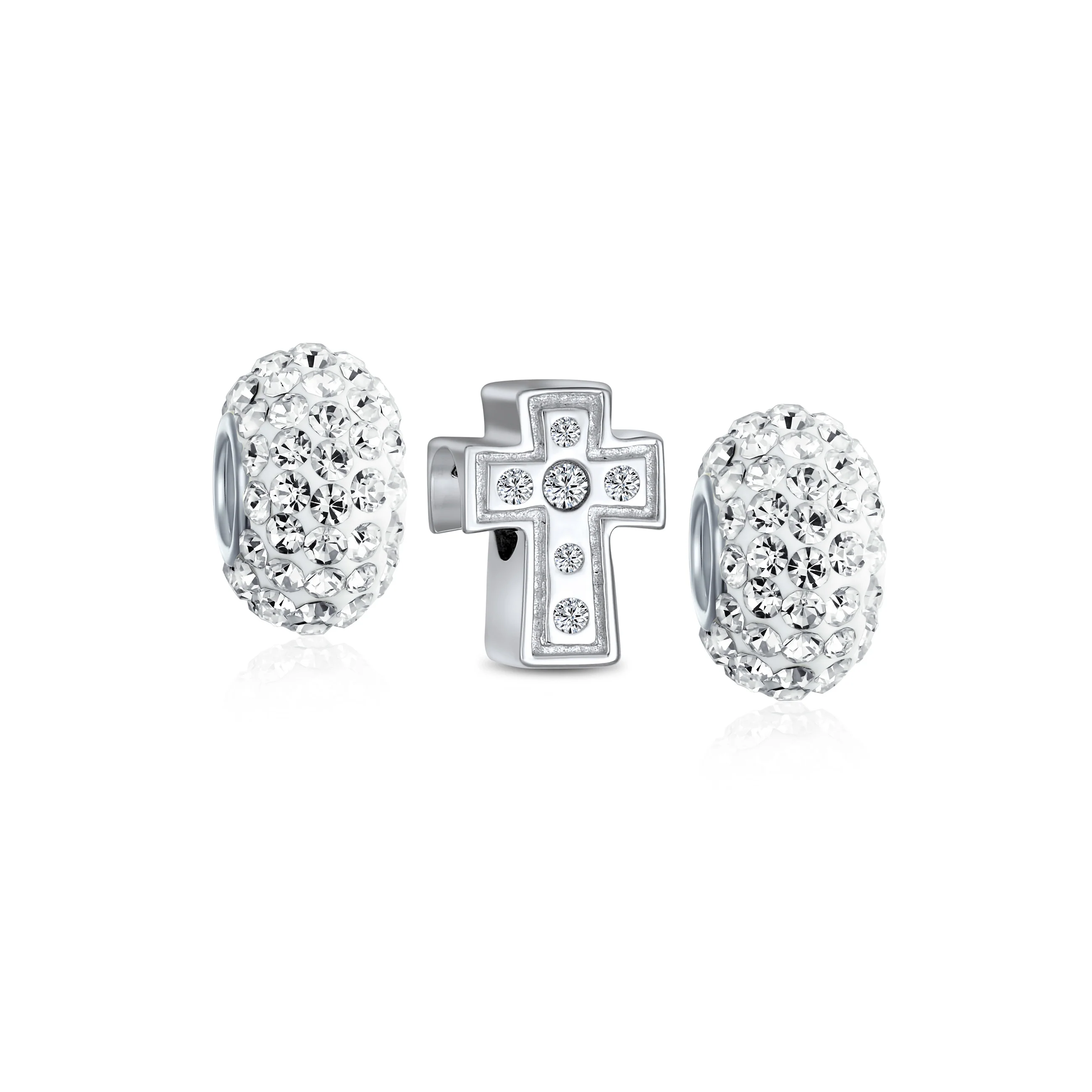 Set of 3 Sparkling CZ Cross & Spacer White Crystal Charm Bead Sterling Silver
