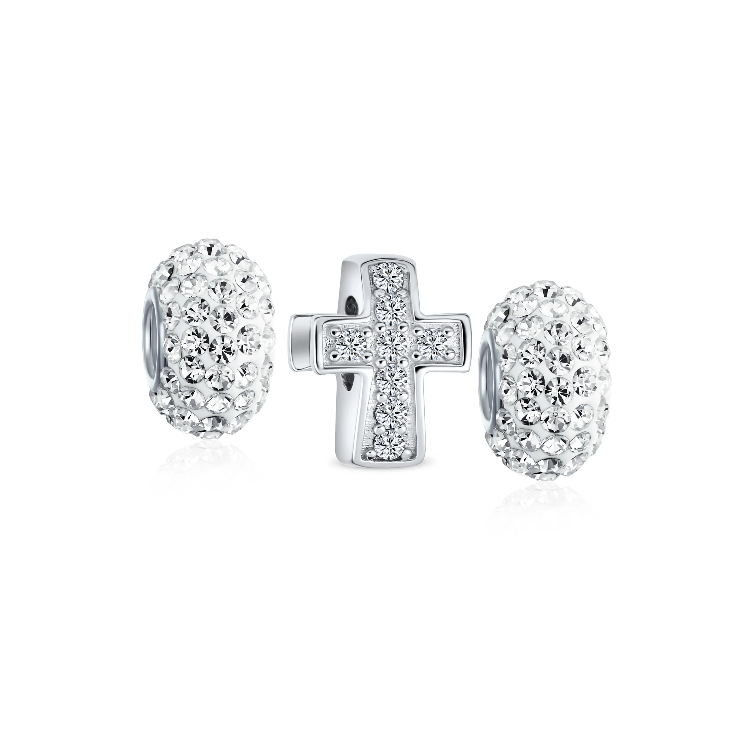 Set of 3 Simple Sparkling CZ Cross & Solid Spacer White Clear Charm Bead Silver