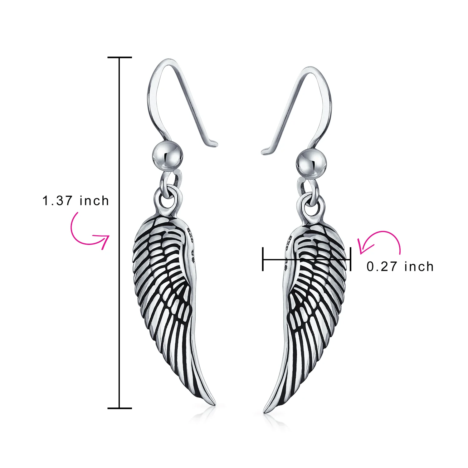 Spiritual Amulet Feathered Heart Angel Wing Dangle Earrings Sterling Silver - Image 3