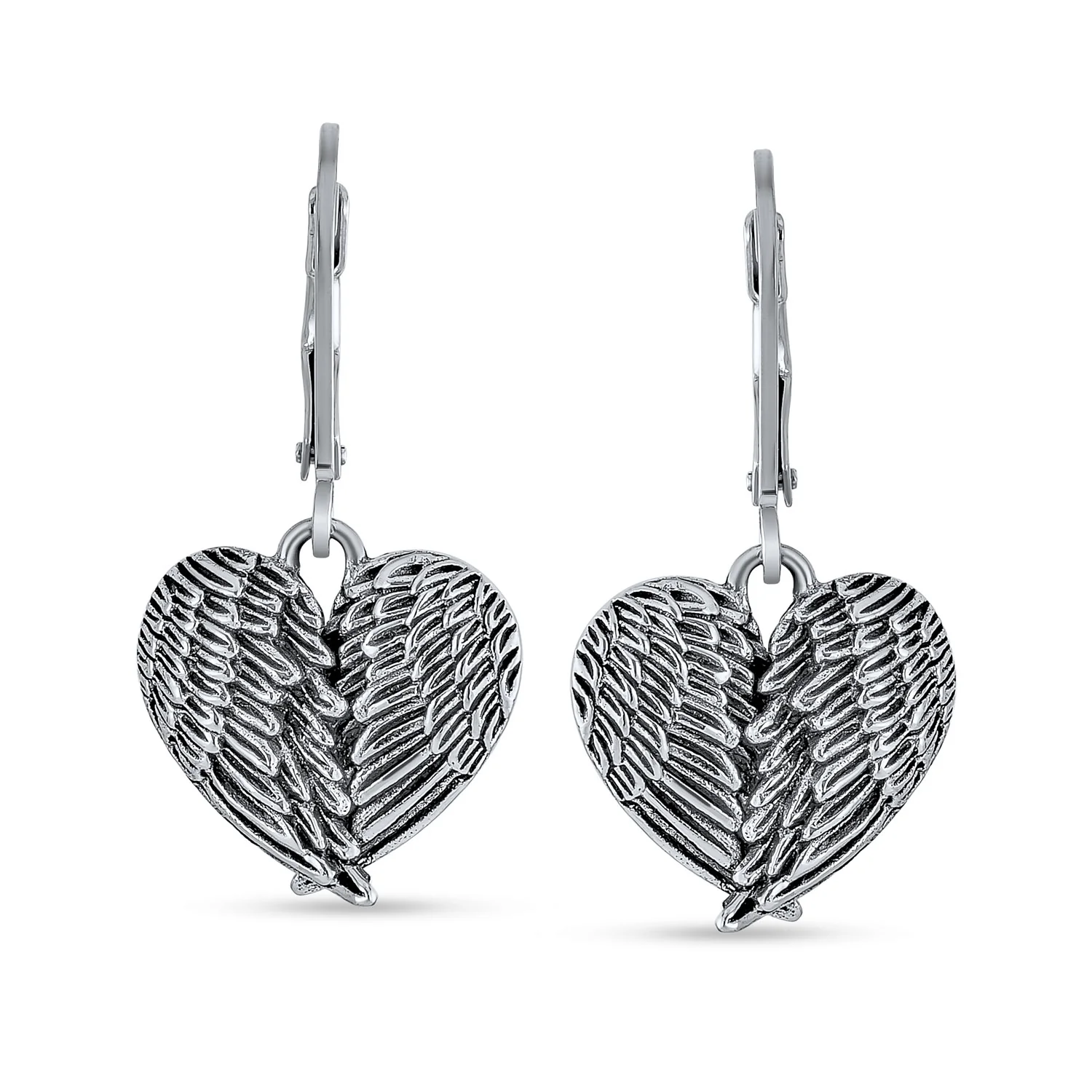 Spiritual Amulet Heart Guardian Angel Wings Feather Dangle Earrings Silver - Image 2