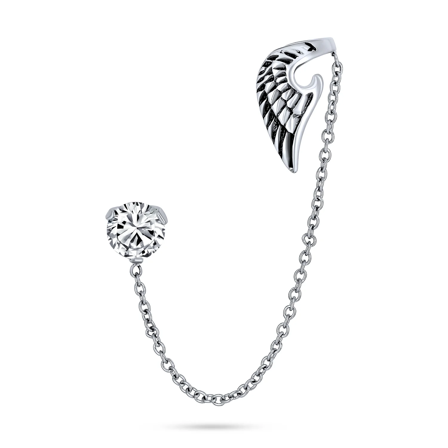 Spiritual Angel Wing Feather Ear Cuff Cartilage Earring CZ Stud Stainless Steel