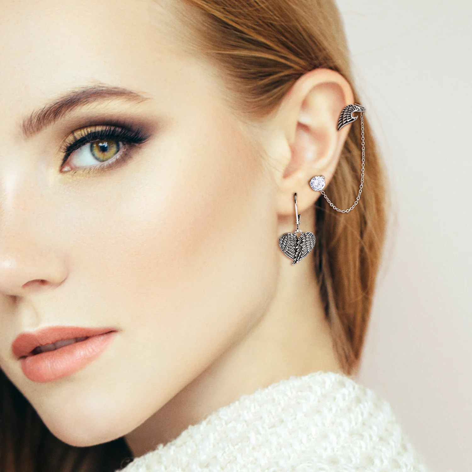 Spiritual Angel Wing Feather Ear Cuff Cartilage Earring CZ Stud Stainless Steel - Image 4