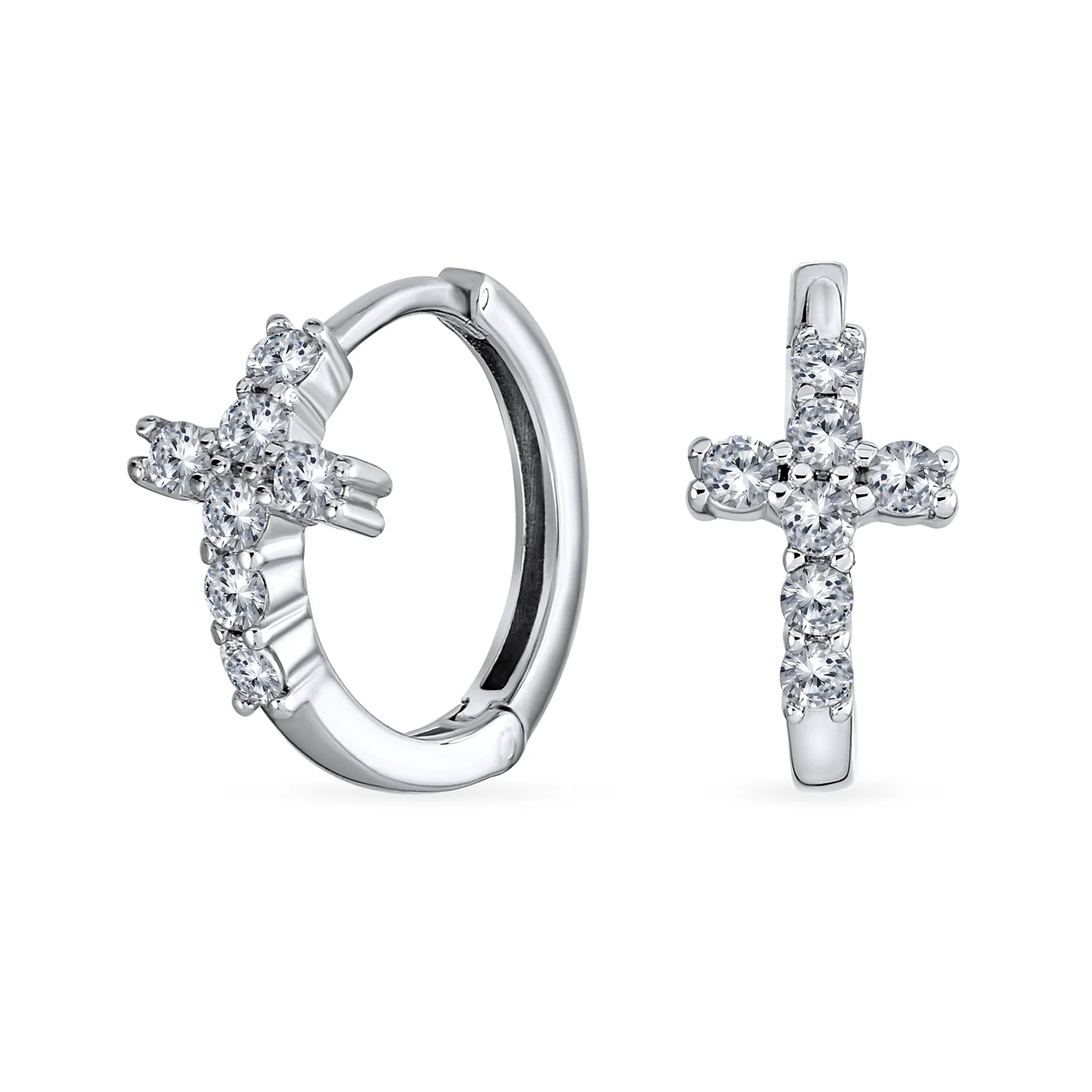 Religious Cubic Zirconia CZ Cross Huggies Mini Hoop Earrings .925 Sterling Silver
