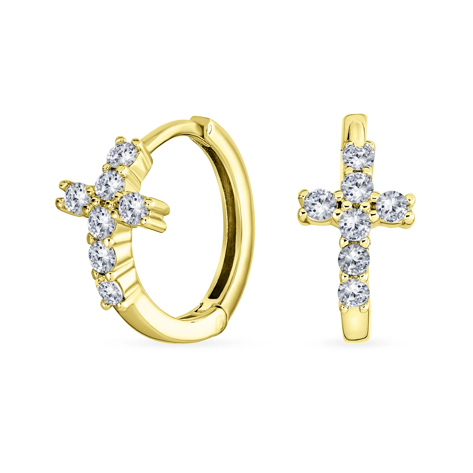Religious Cubic Zirconia CZ Cross Huggies Mini Hoop Earrings .925 Sterling Silver - Image 2
