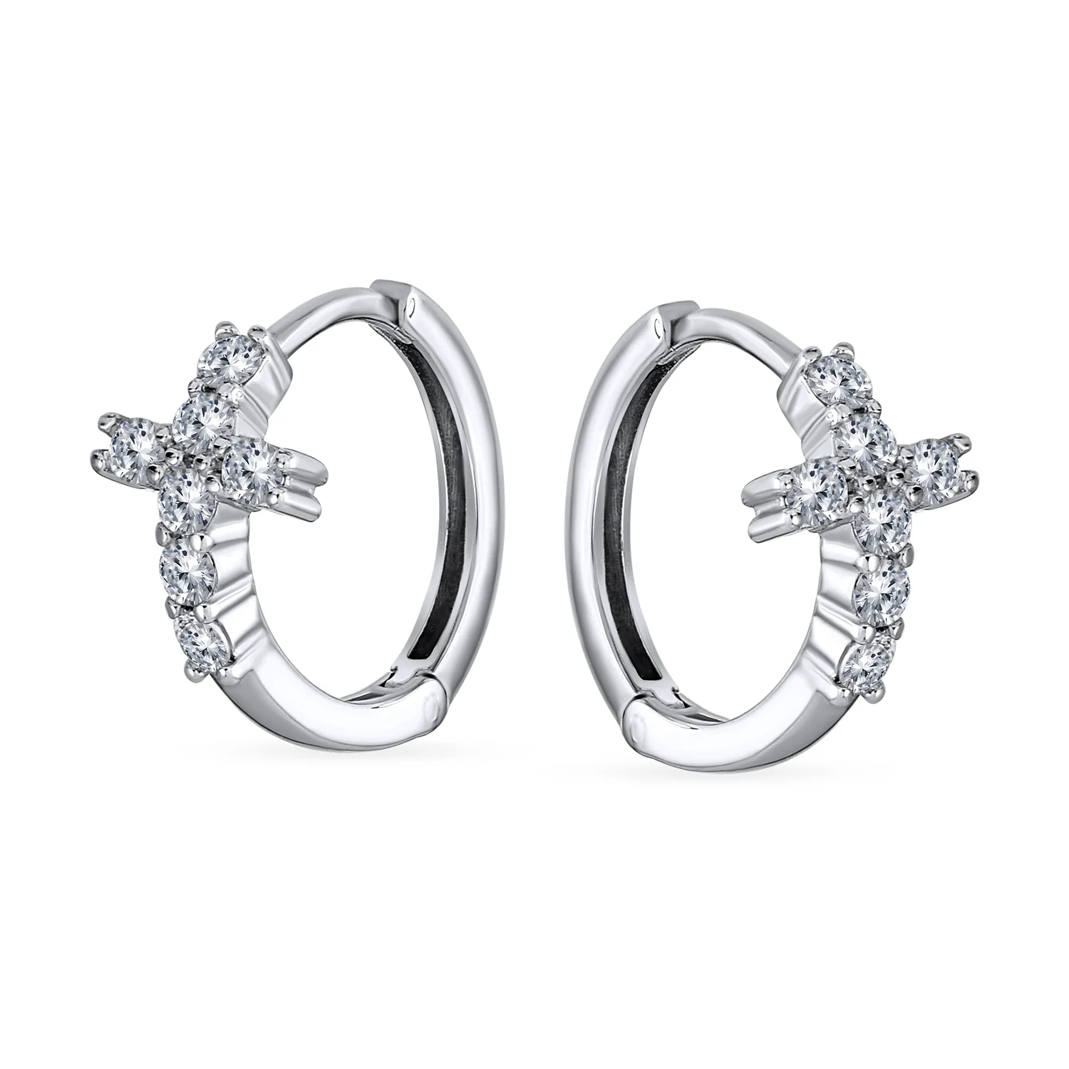 Religious Cubic Zirconia CZ Cross Huggies Mini Hoop Earrings .925 Sterling Silver - Image 3