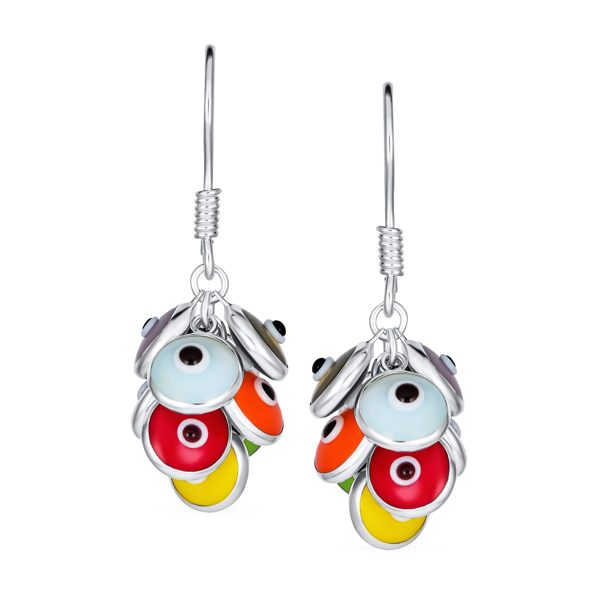 Spiritual Protection Round Multiple Cluster Evil Eye Charms Dangle Earrings Sterling Silver Fish Hook - Image 4