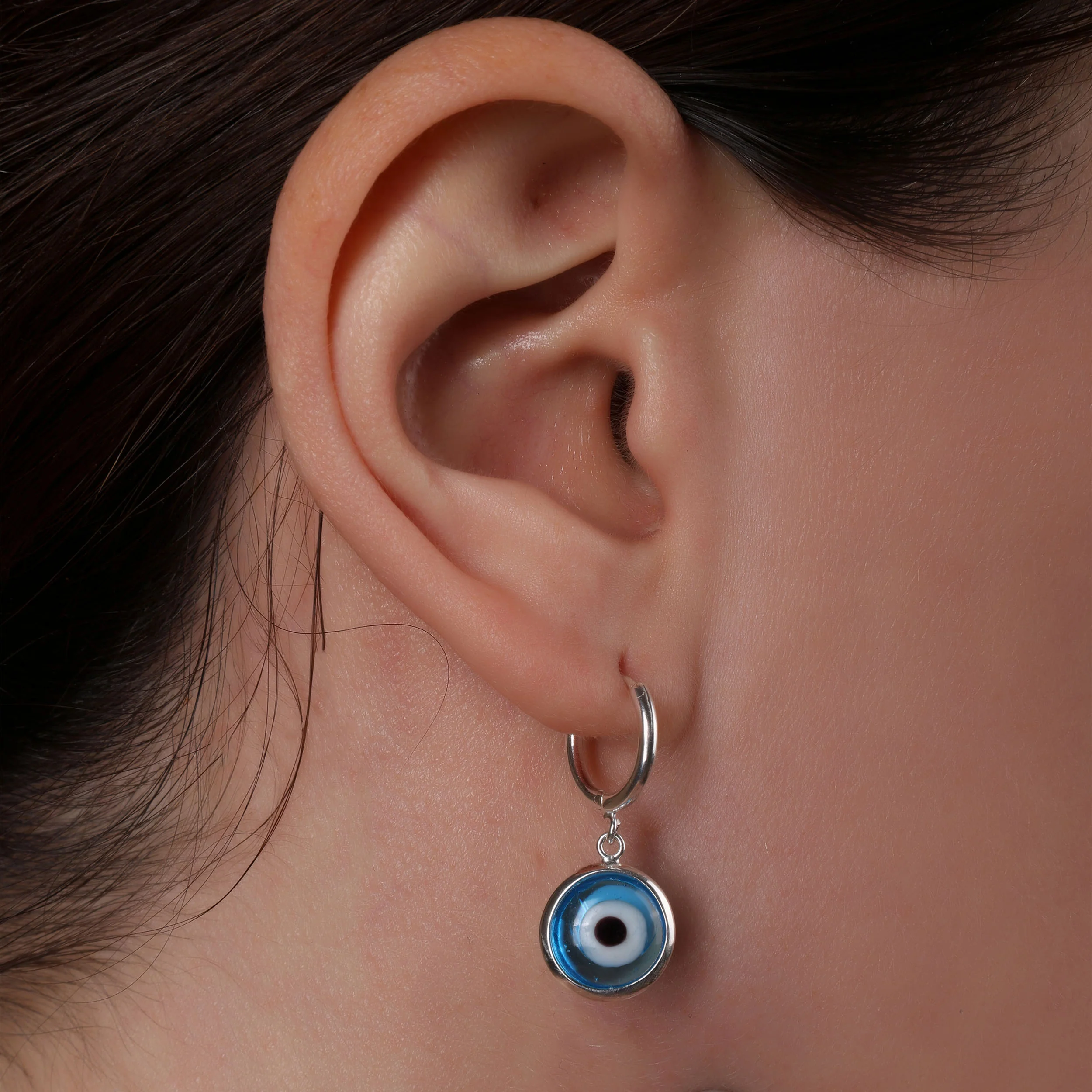 Round Blue Evil Eye Drop Huggie Mini Hoop Earrings Endless Murano Glass Yellow Gold Plated .925 Sterling Silver - Image 3