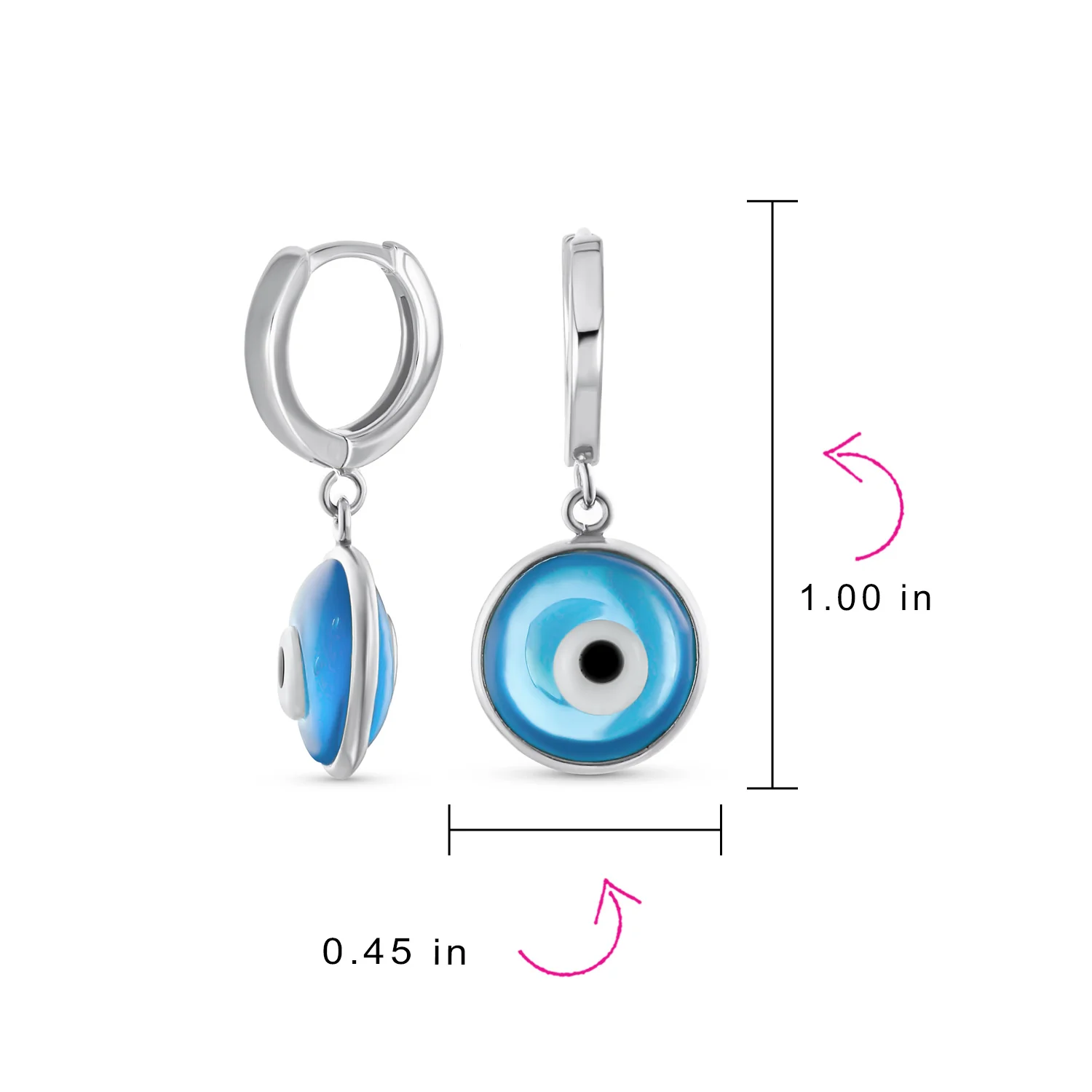 Round Blue Evil Eye Drop Huggie Mini Hoop Earrings Endless Murano Glass Yellow Gold Plated .925 Sterling Silver - Image 4