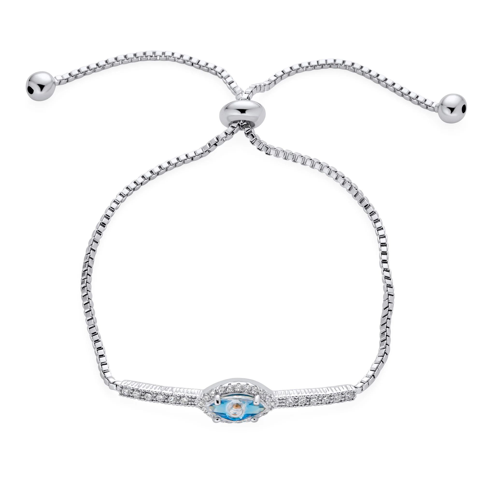 Spiritual Protection Pave CZ Halo Blue Evil Eye Charm Bolo Style Bracelet - Image 2