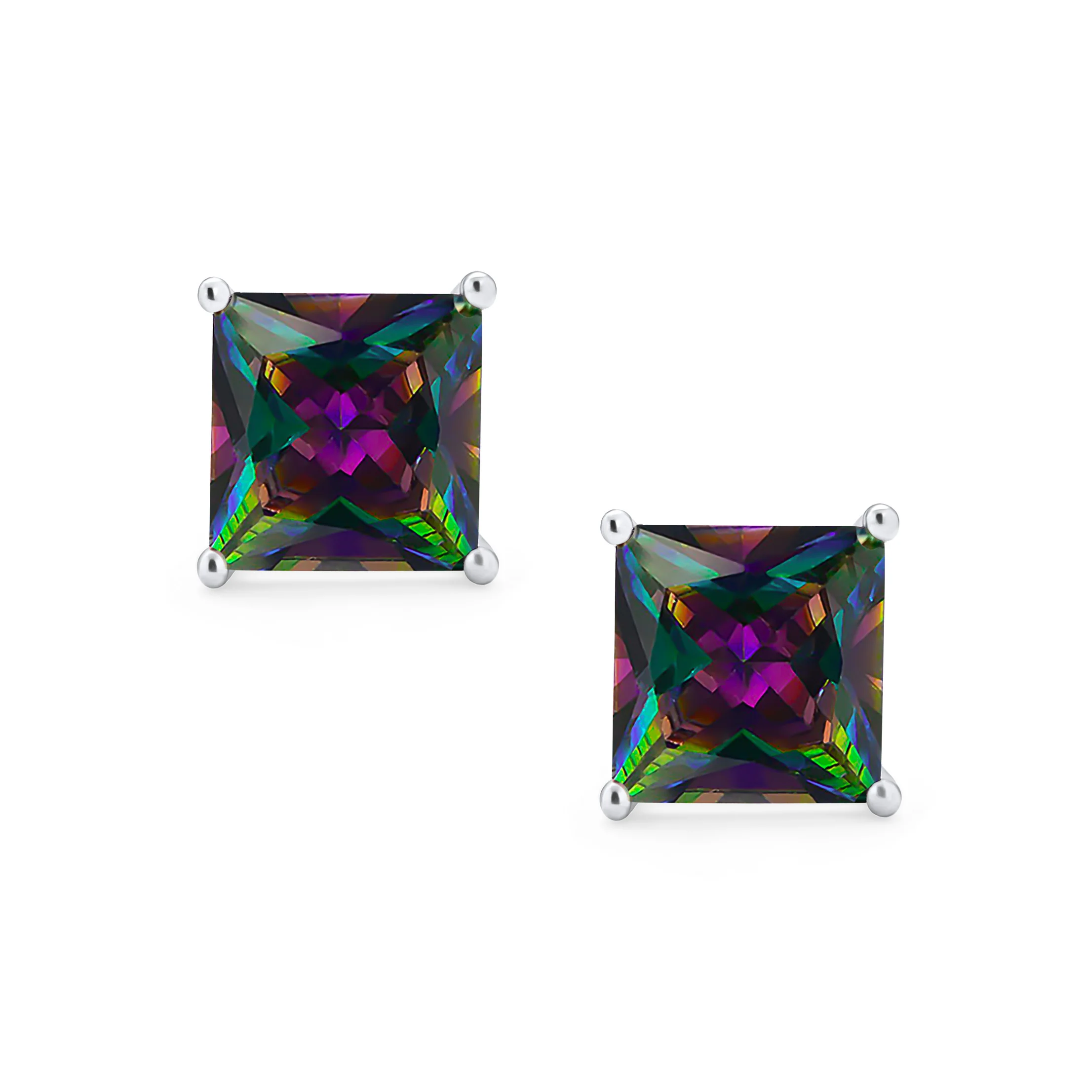 Square Black Mystic Rainbow CZ Stud Earrings Men Sterling Silver 5-9 MM - Image 2