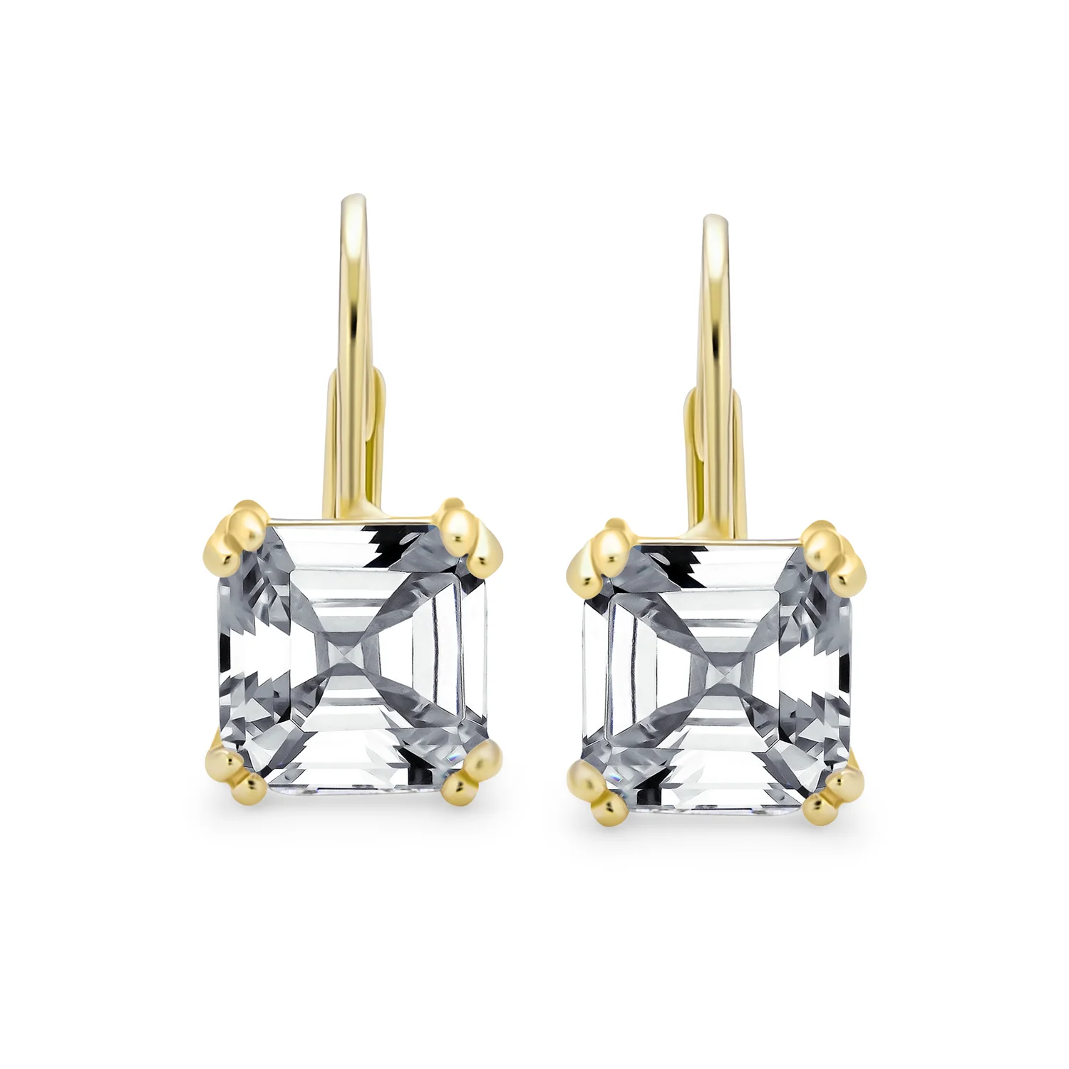 Square CZ Solitaire Asscher Cut Lever back Earrings Gold Plated Silver - Image 3