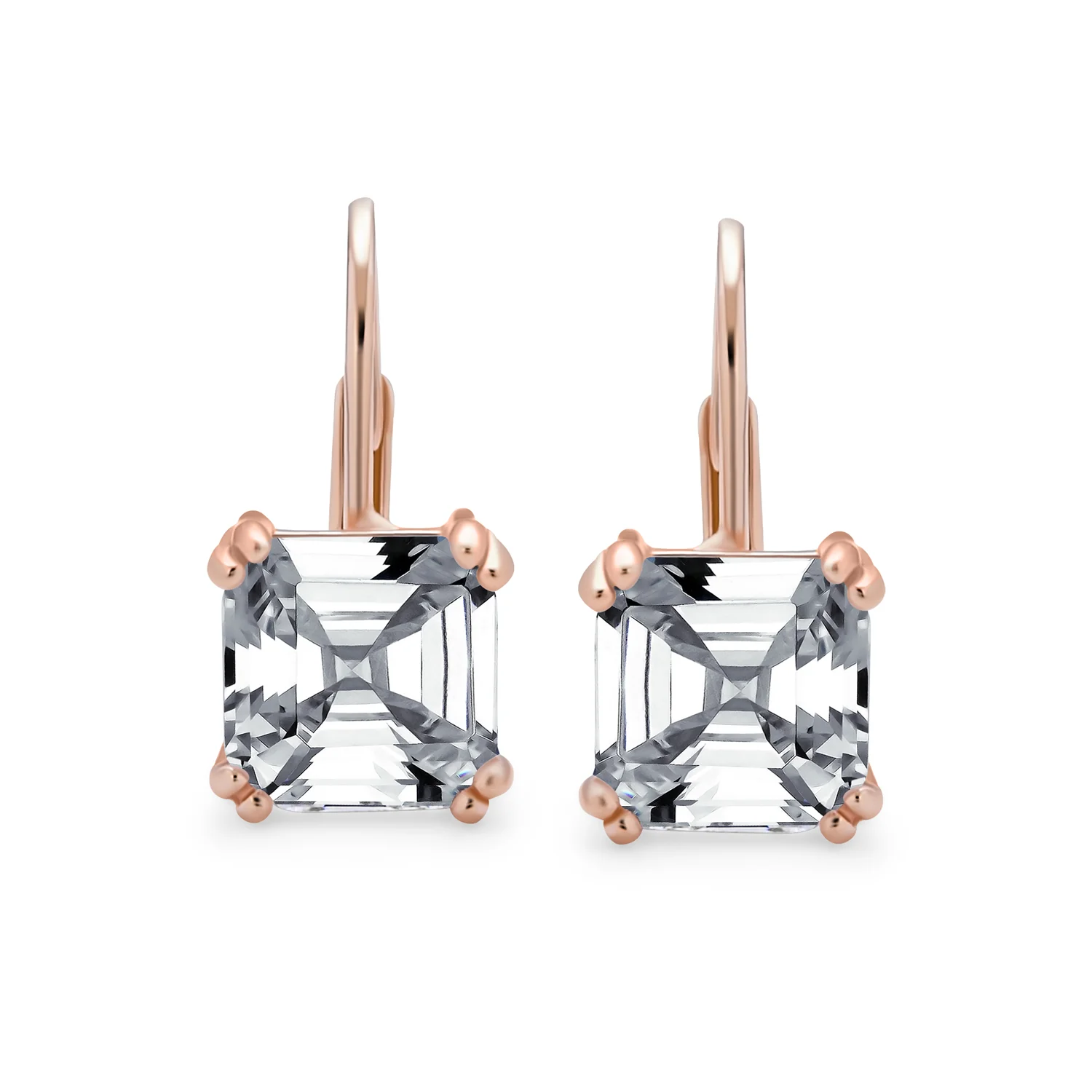 Square CZ Solitaire Asscher Cut Lever back Earrings Gold Plated Silver - Image 4