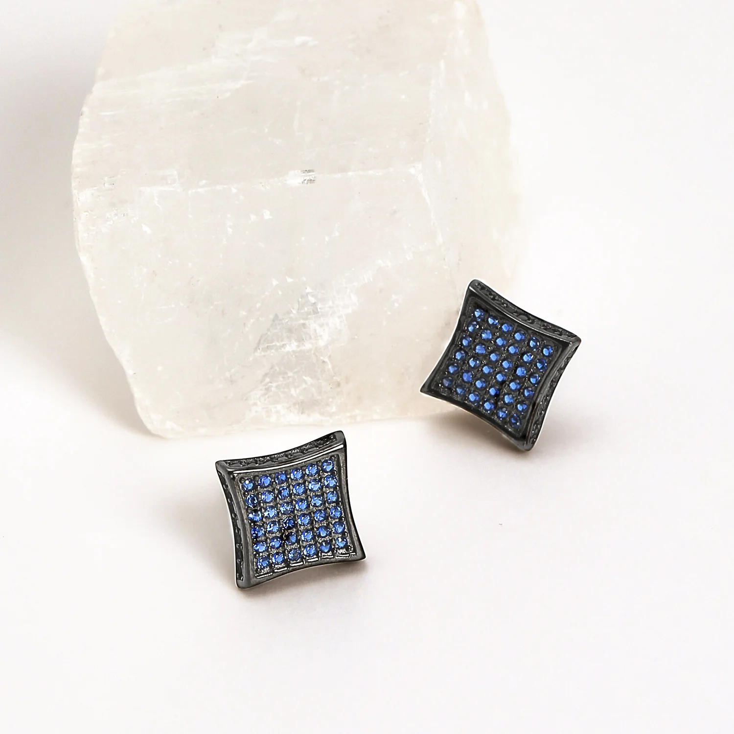 Square Shape CZ Cubic Zirconia Stud Earrings Blue Black Sterling Silver ScrewBack - Image 13