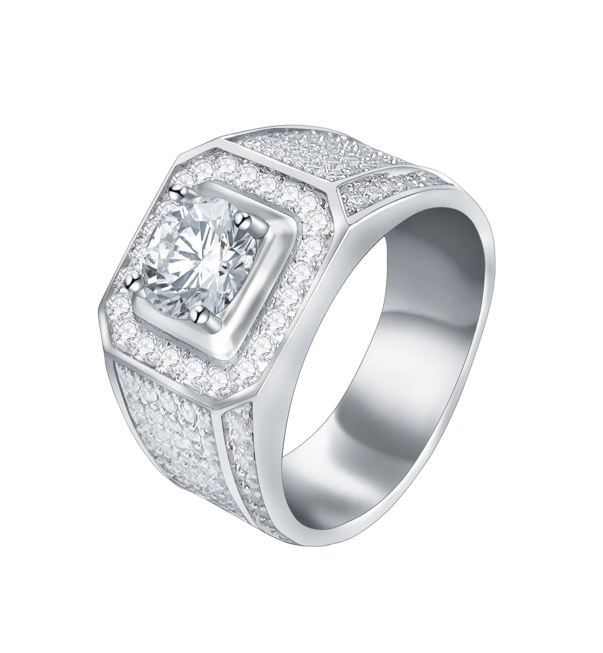 Statement Halo Square Solitaire Men's Ring Micro Pave Band Silver Plated - Image 2