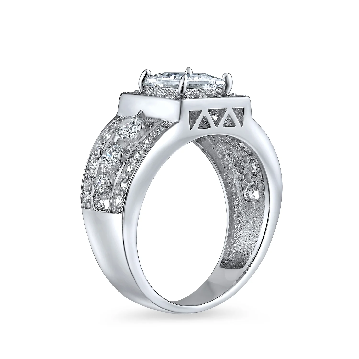 Square Cut Halo AAA CZ Art Deco Princess Engagement Ring, 3 Row Band Silver - Image 2