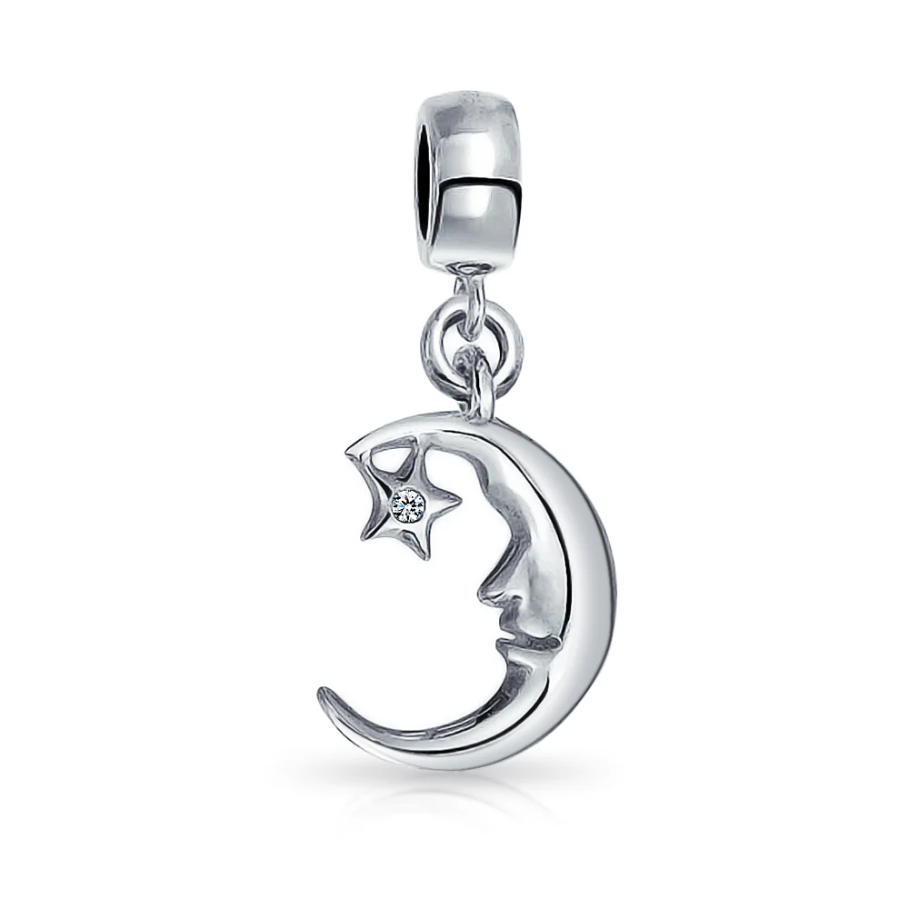 Starry Night Crescent Moon & Star Dangle Charm Bead Sterling Silver for Bracelet