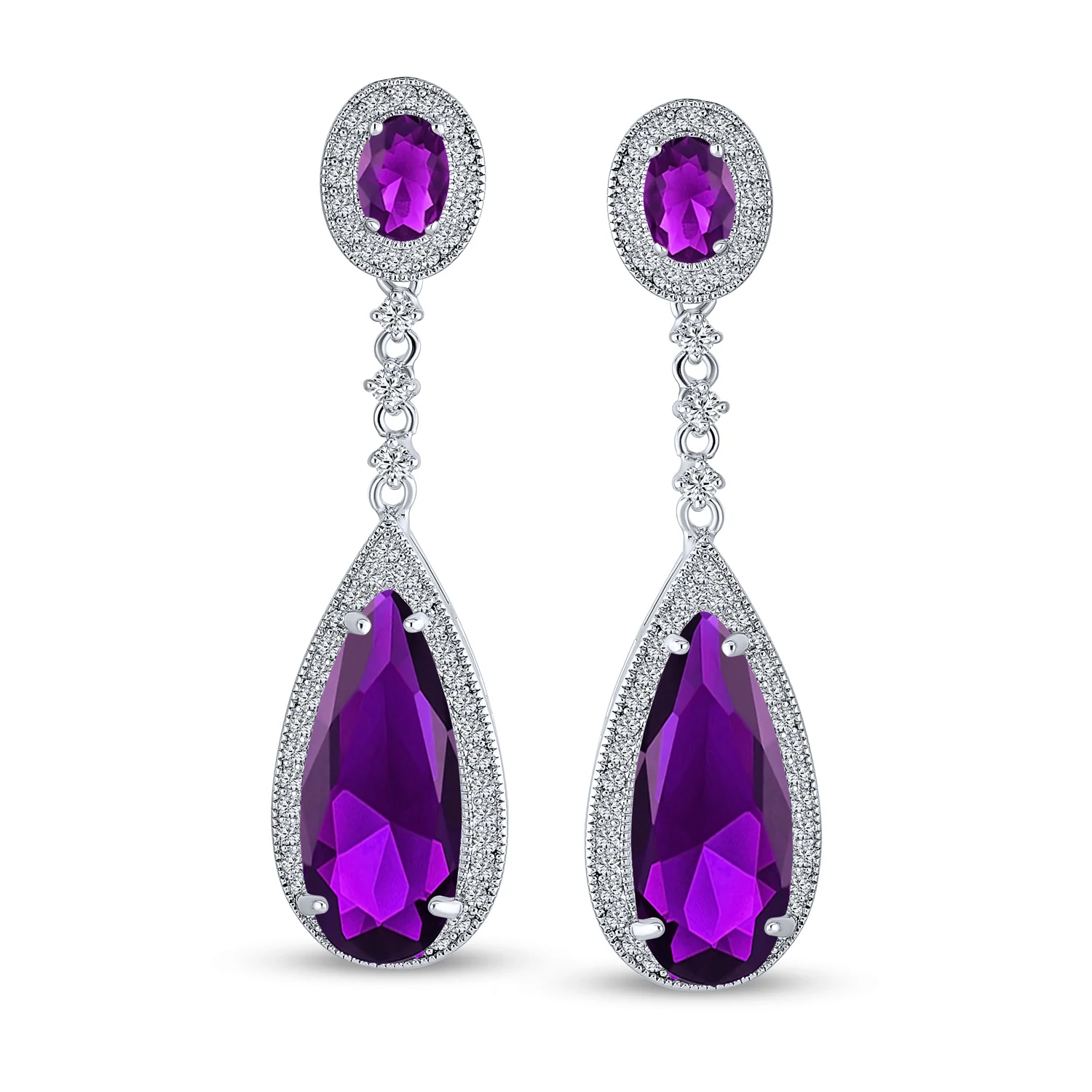 Amethyst Purple CZ Teardrop Chandelier Screw Clip On Earrings Silver Plated - Image 12