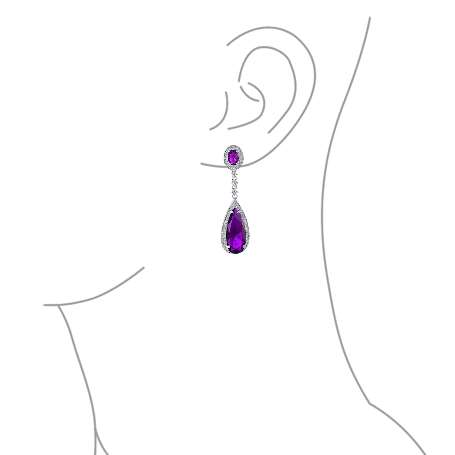 Amethyst Purple CZ Teardrop Chandelier Screw Clip On Earrings Silver Plated - Image 18