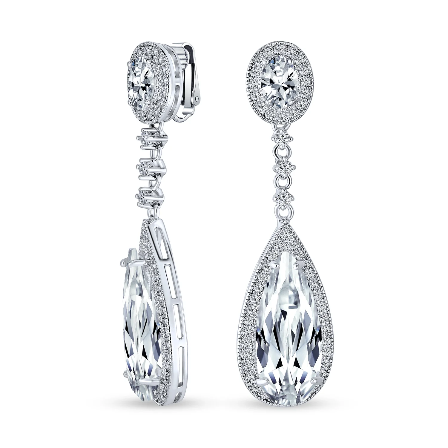 Amethyst Purple CZ Teardrop Chandelier Screw Clip On Earrings Silver Plated - Image 2